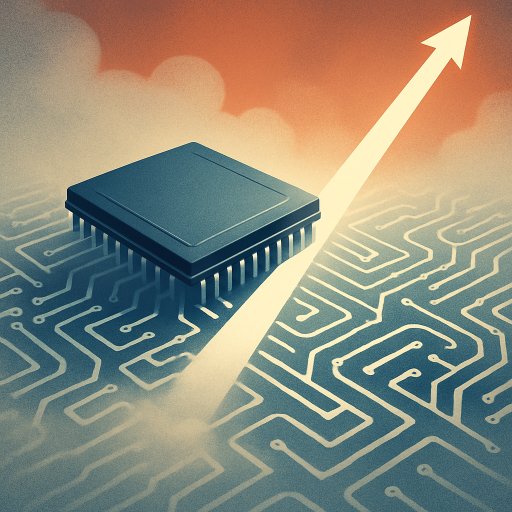 Editorial illustration: A magazine-style abstract illustration of a silicon chip emerging from a foggy maze of circuit traces, with a sharp upwa
