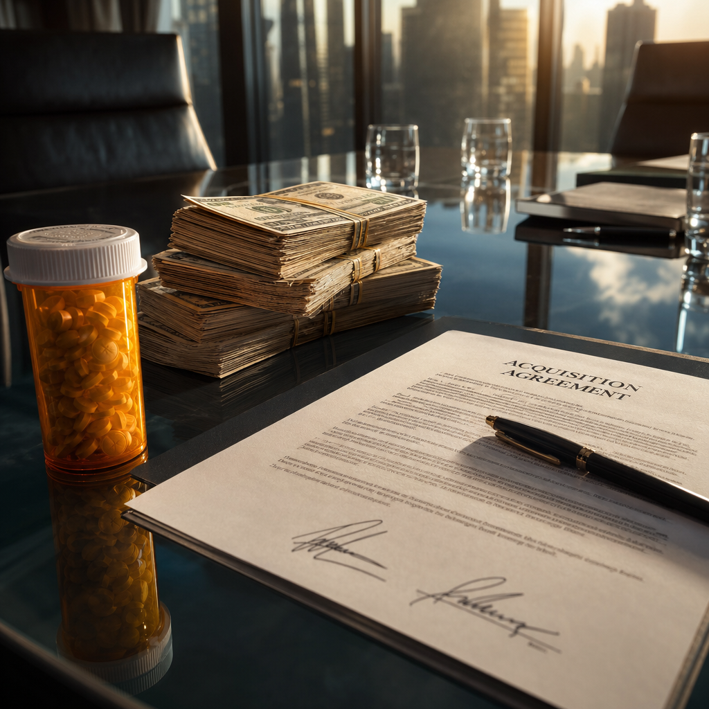 Editorial illustration: a signed acquisition contract beside a nearly full bottle of prescription pills and a stack of worn cash bundles on a re