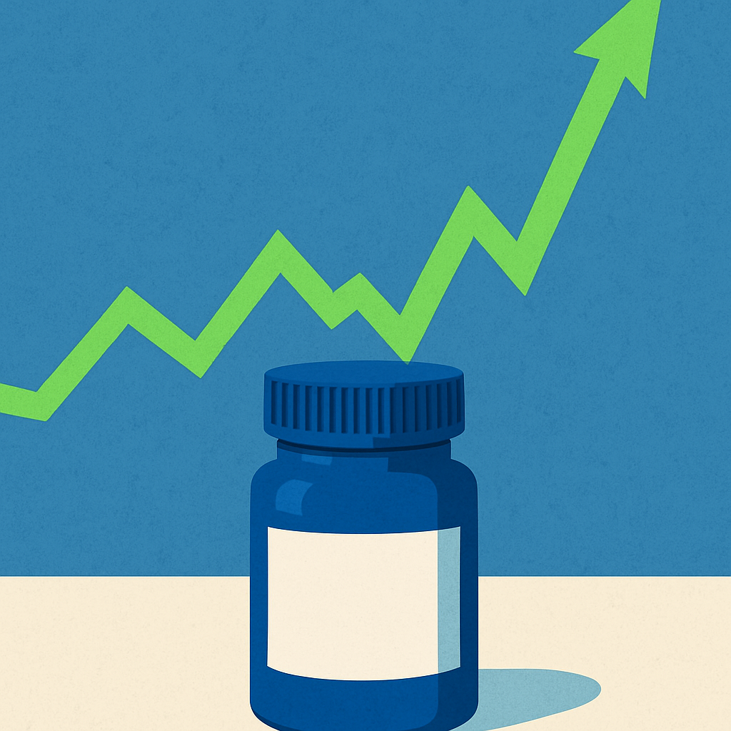 Editorial illustration: A magazine-style illustration of a calm blue pill bottle on a table while a bright green stock chart line suddenly leaps