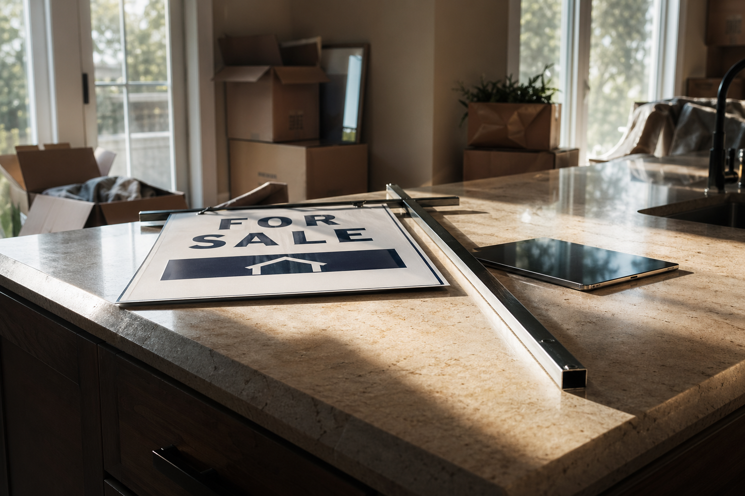Editorial illustration: A photorealistic suburban real estate yard sign lying on its side beside a sleek glass tablet on a polished kitchen isla