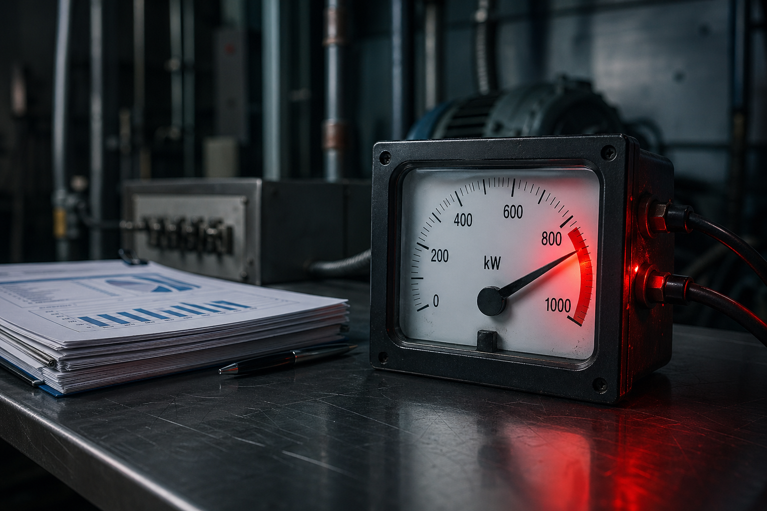 Editorial illustration: a photorealistic still-life of an industrial power meter suddenly surging into the red beside a neat stack of financial