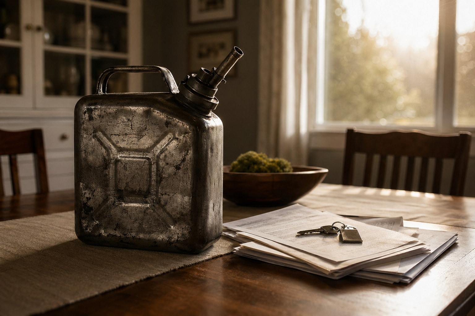 Editorial illustration: a dented steel gasoline can sitting on a neatly made suburban dining table beside a stack of mortgage papers and a house