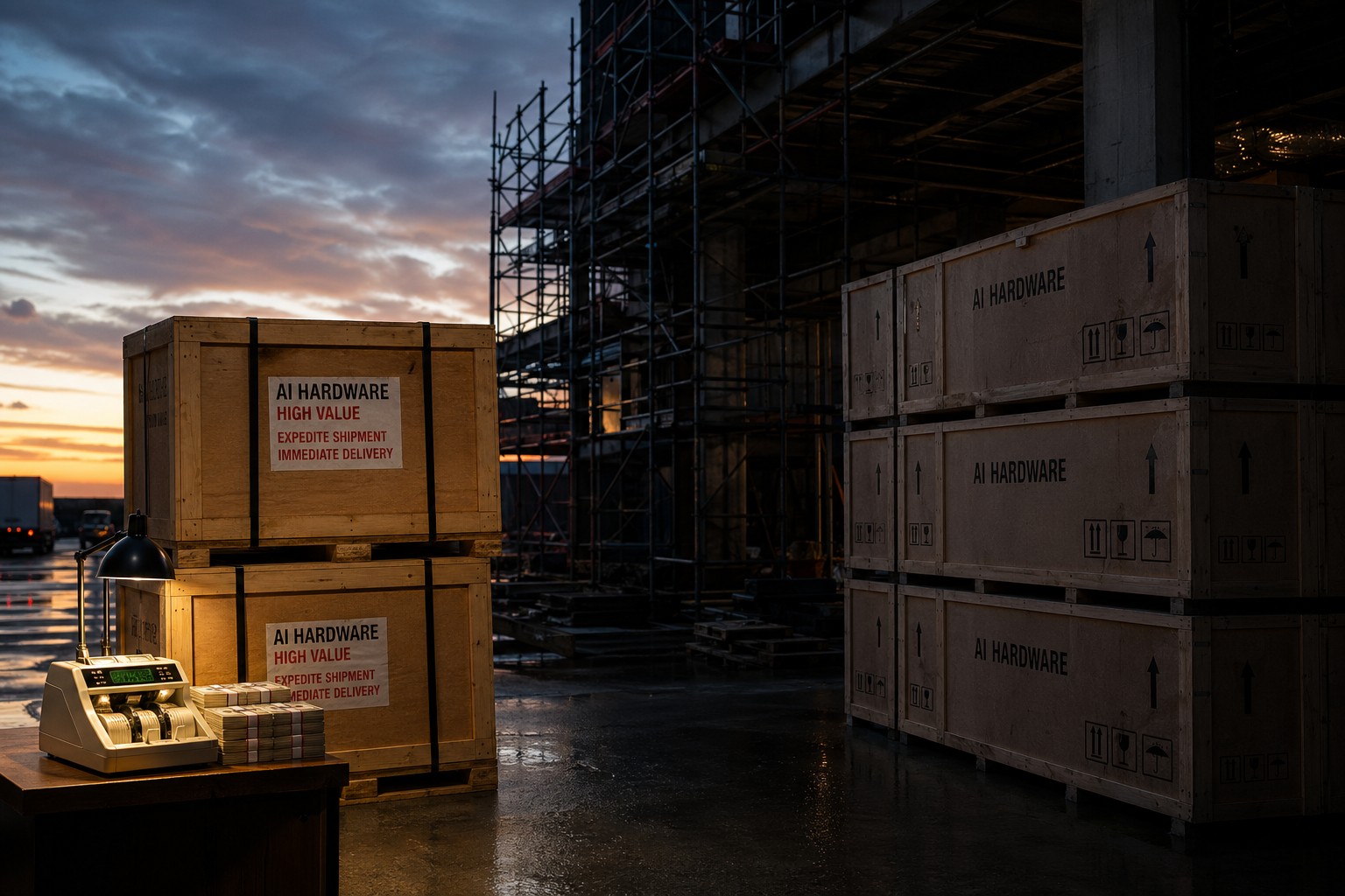 Editorial illustration: a photorealistic server-room loading dock at dusk with two stacks of unopened AI hardware crates, one tagged for immedia