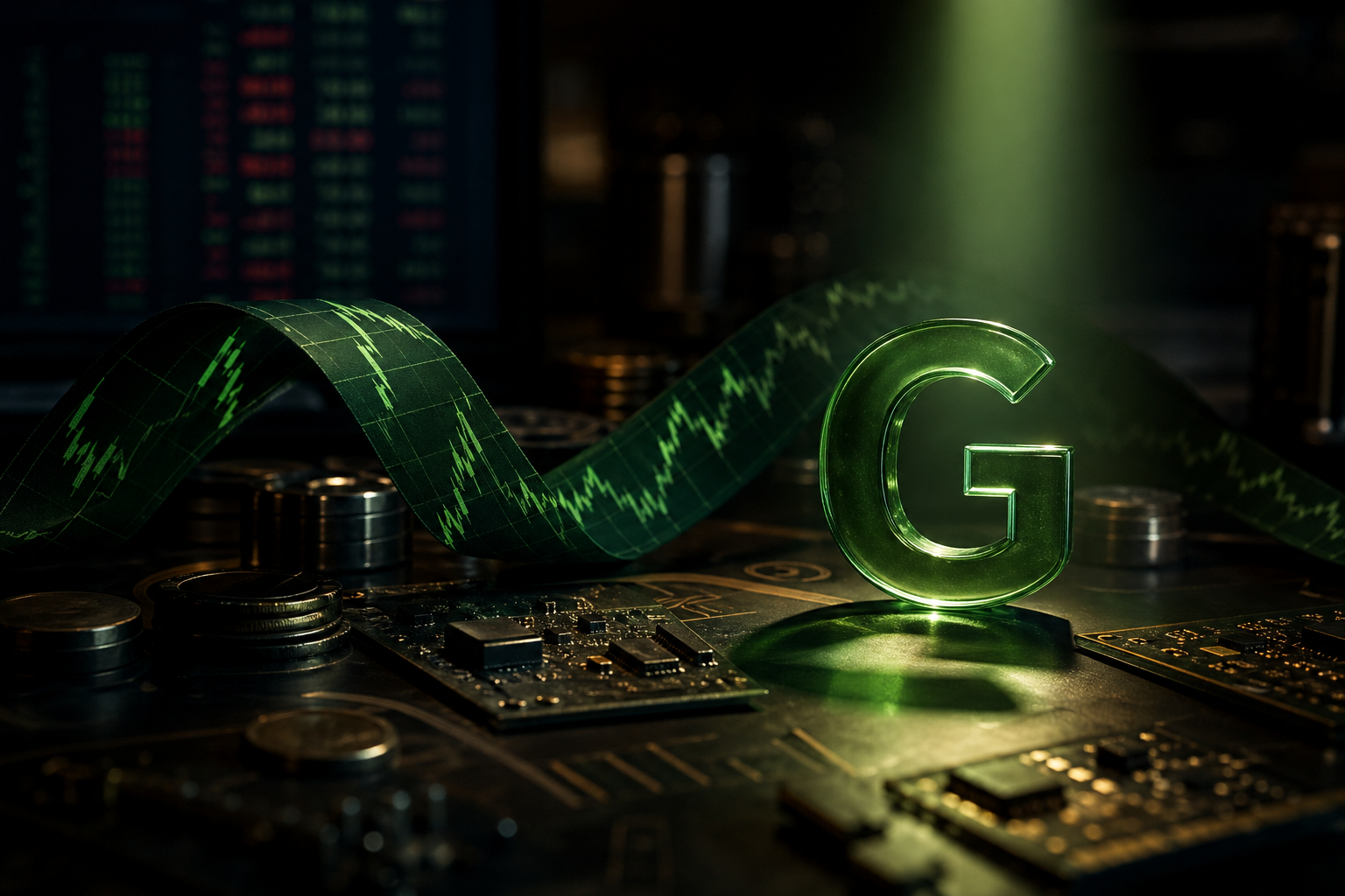 Editorial illustration: A photorealistic editorial still-life of a green stock-market tape draped across a trading desk, with one bright green s
