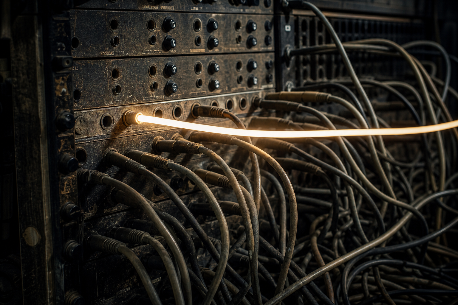 Editorial illustration: a photorealistic close-up of a weathered office switchboard with one brightly lit line running cleanly through tangled c