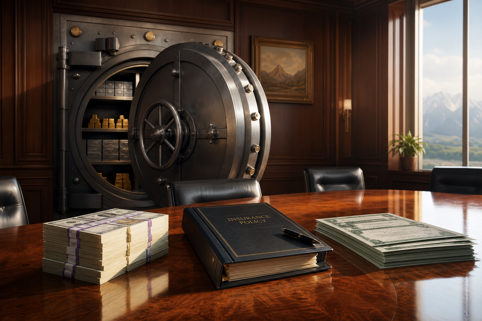 Editorial illustration: A photorealistic still-life of a massive steel safe door left slightly open in a quiet boardroom, with stacks of U.S. Tr