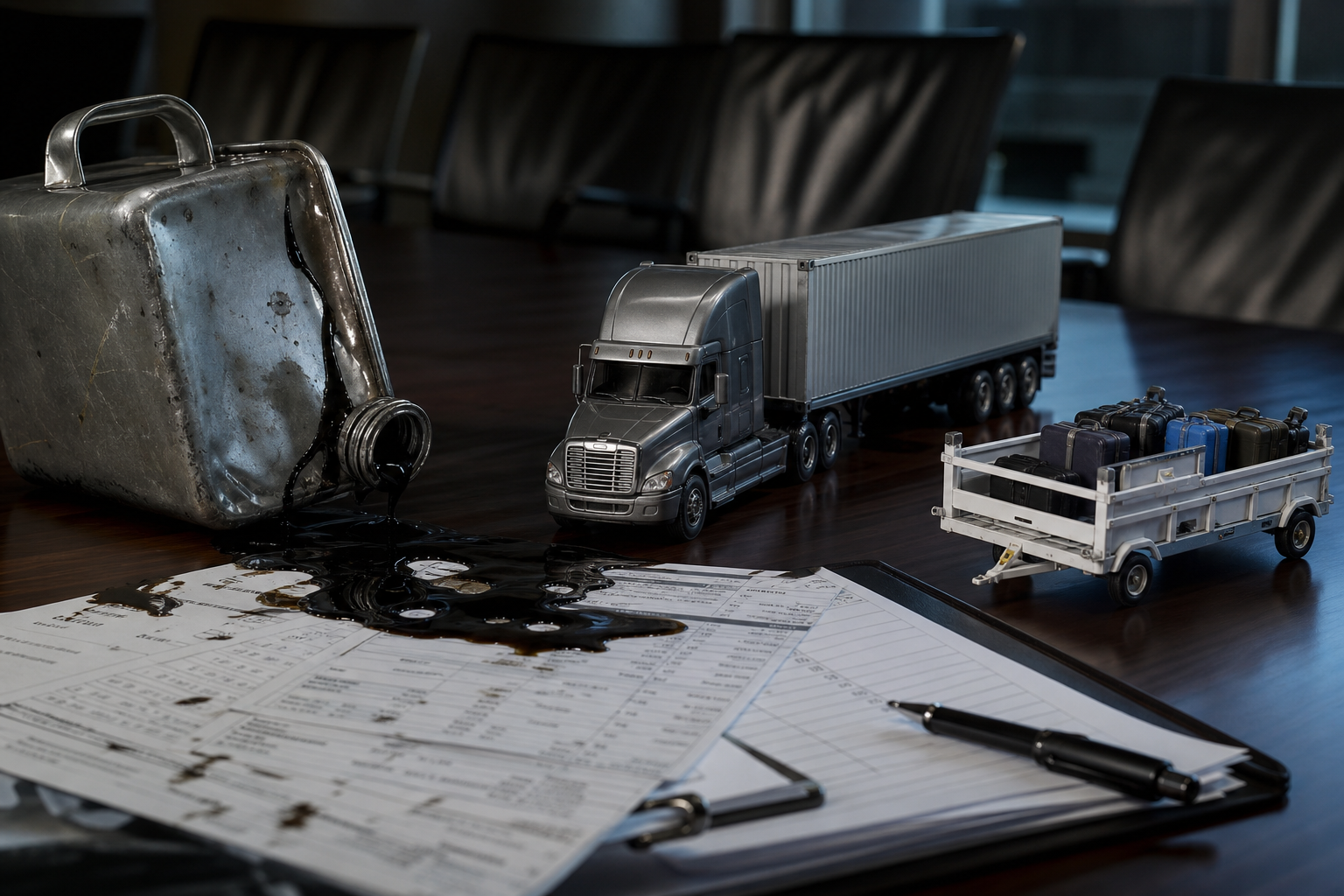 Editorial illustration: A photorealistic still-life of a polished model freight truck and airline baggage cart sitting on a dark boardroom table