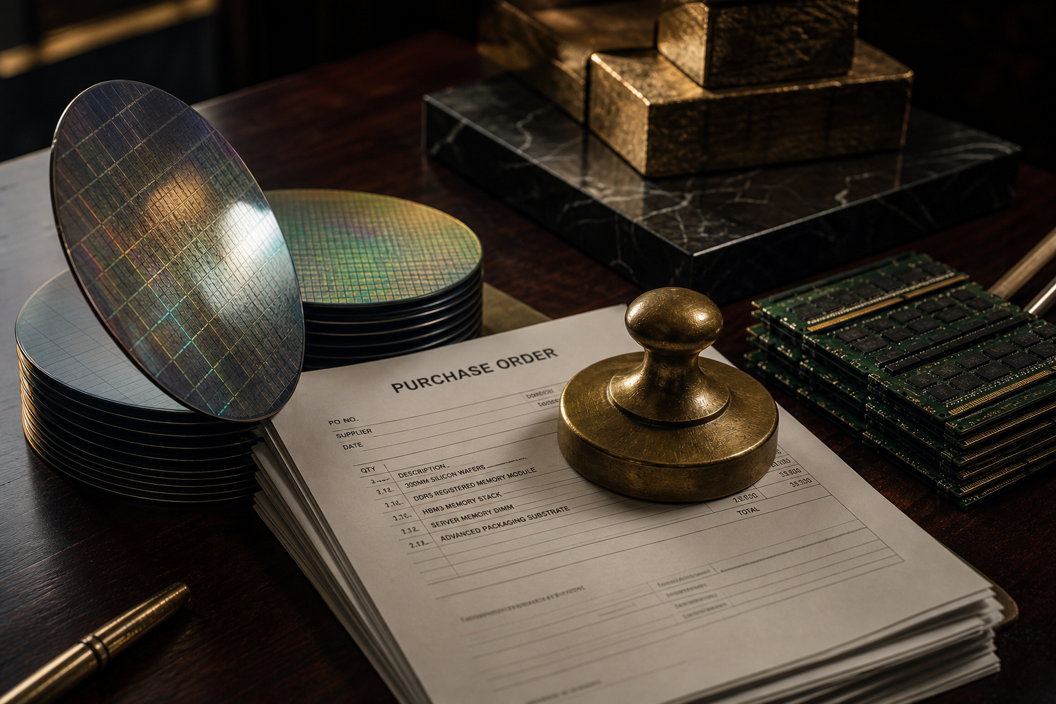 Editorial illustration: A photorealistic editorial still-life of silicon wafers, stacked server memory modules, and industrial purchase orders p