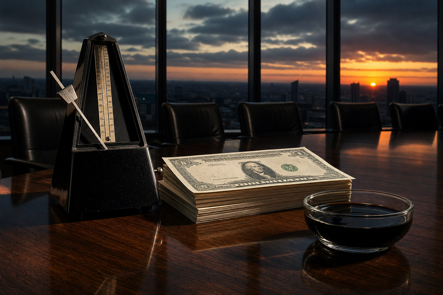 Editorial illustration: a polished conference table at dusk with a metal metronome frozen mid-swing beside a stack of Treasury notes and a small
