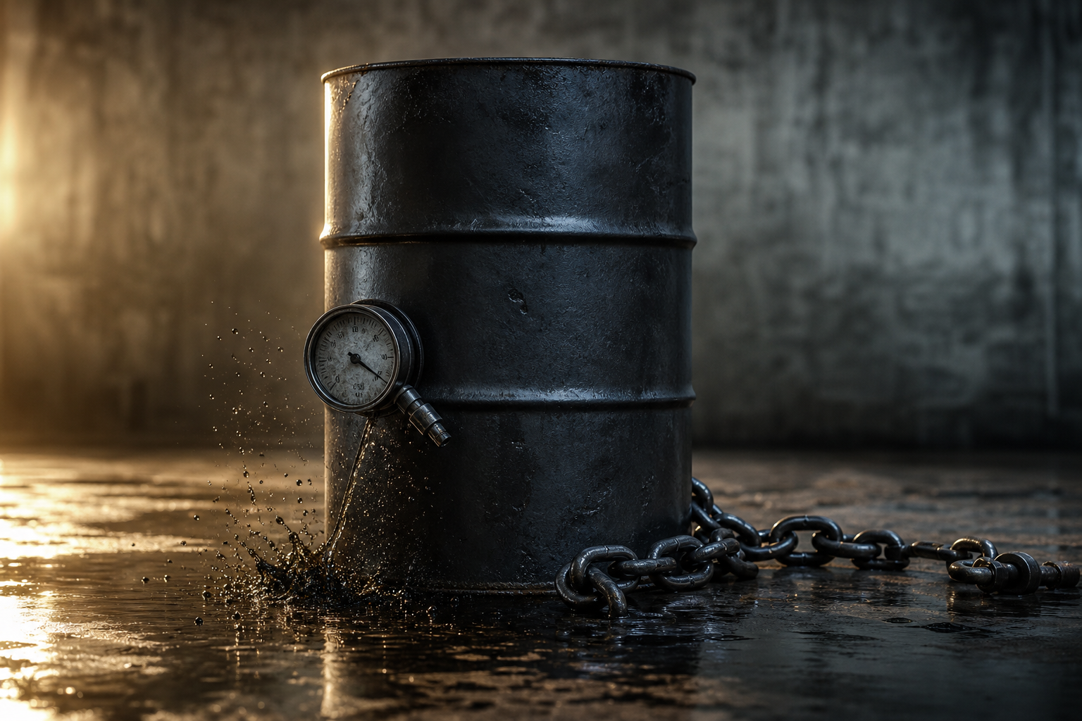 Editorial illustration: A photorealistic still-life of a steel oil drum with a pressure gauge suddenly dropping beside a half-uncoiled tanker ch