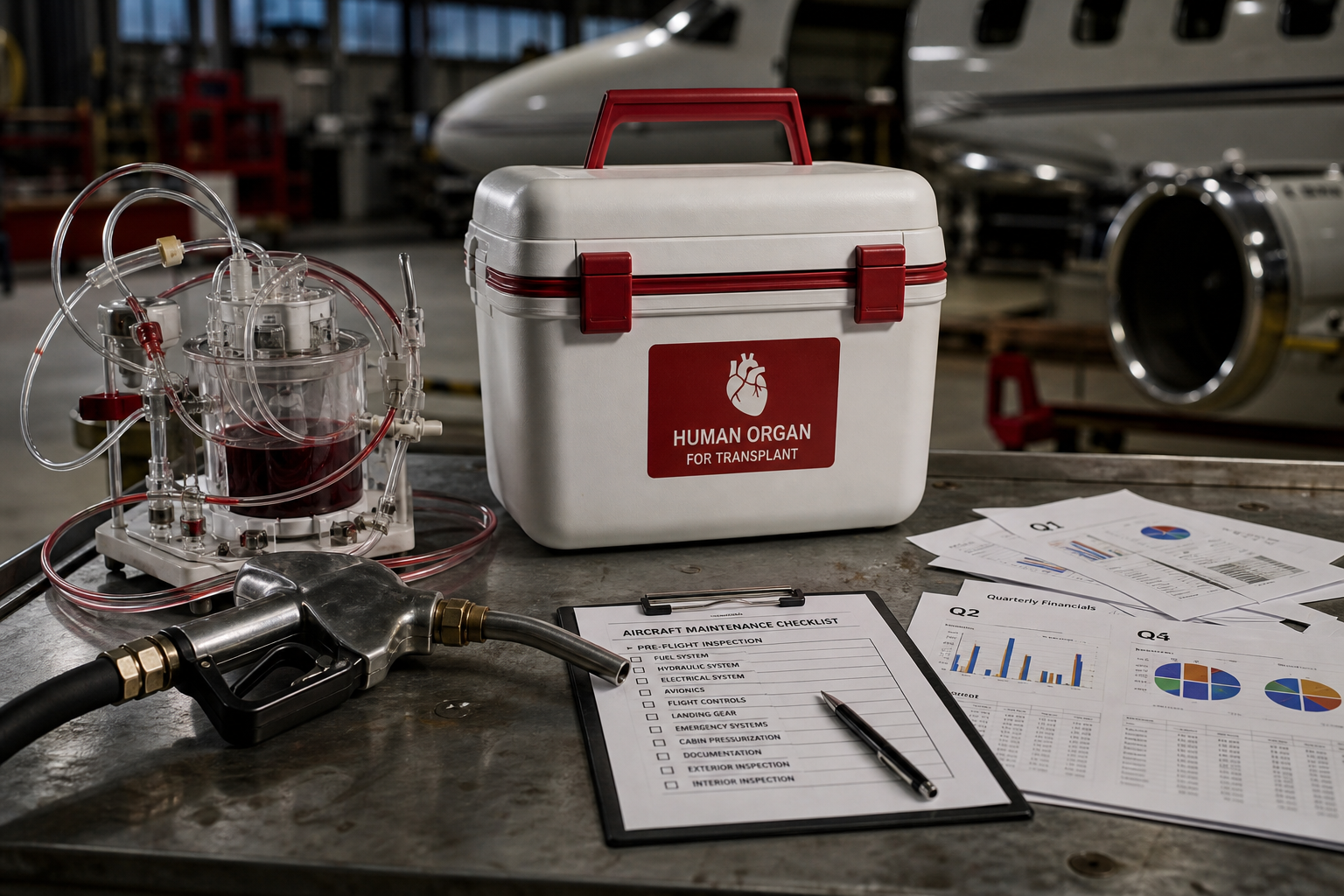 Editorial illustration: A photorealistic still-life of a medical organ transport cooler and perfusion tubing set beside an aircraft maintenance