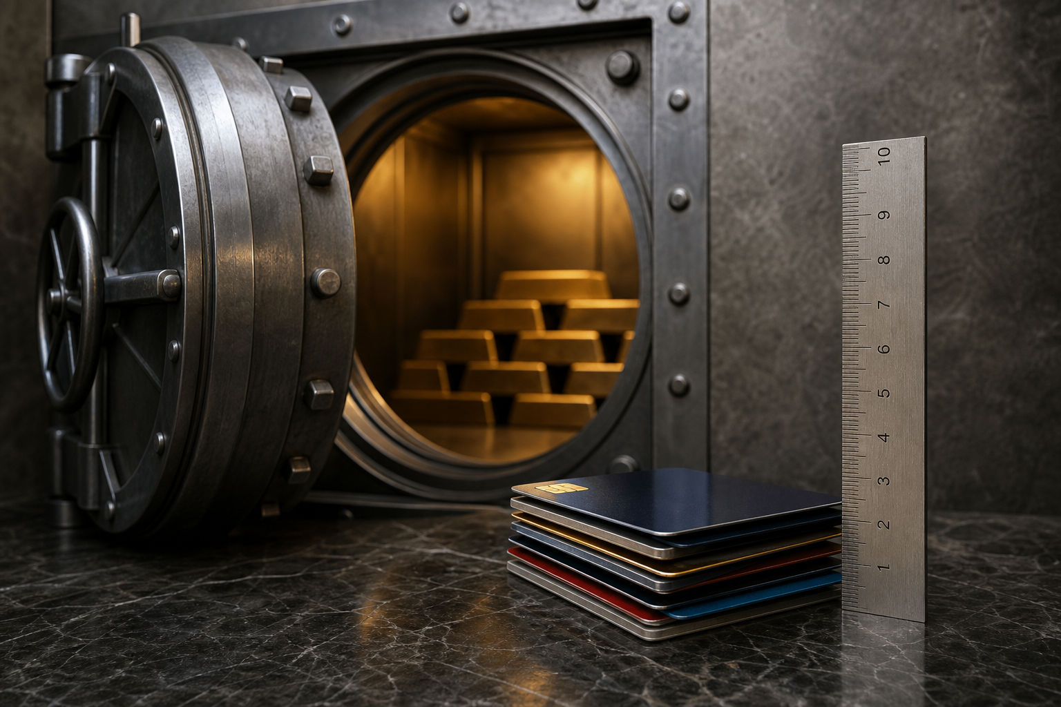 Editorial illustration: A photorealistic still-life of thick steel bank vault doors standing slightly ajar beside a neat stack of credit cards a