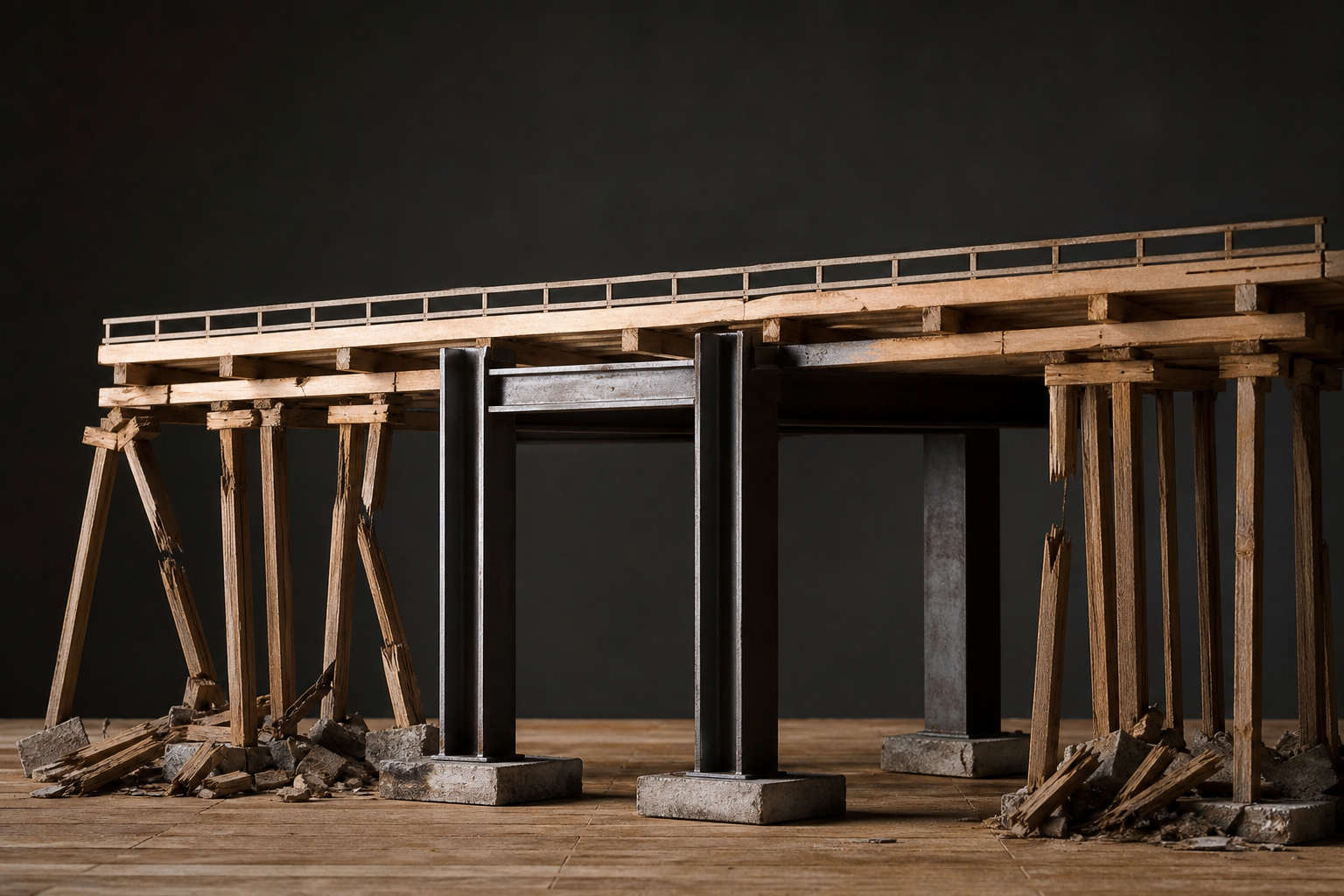 Editorial illustration: A photorealistic still-life of a broad wooden bridge in miniature where only a few oversized steel beams are holding up