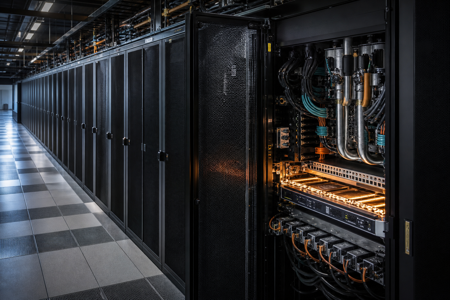 Editorial illustration: A photorealistic server room corridor with one open rack revealing neatly layered cables, cooling pipes, and power modul