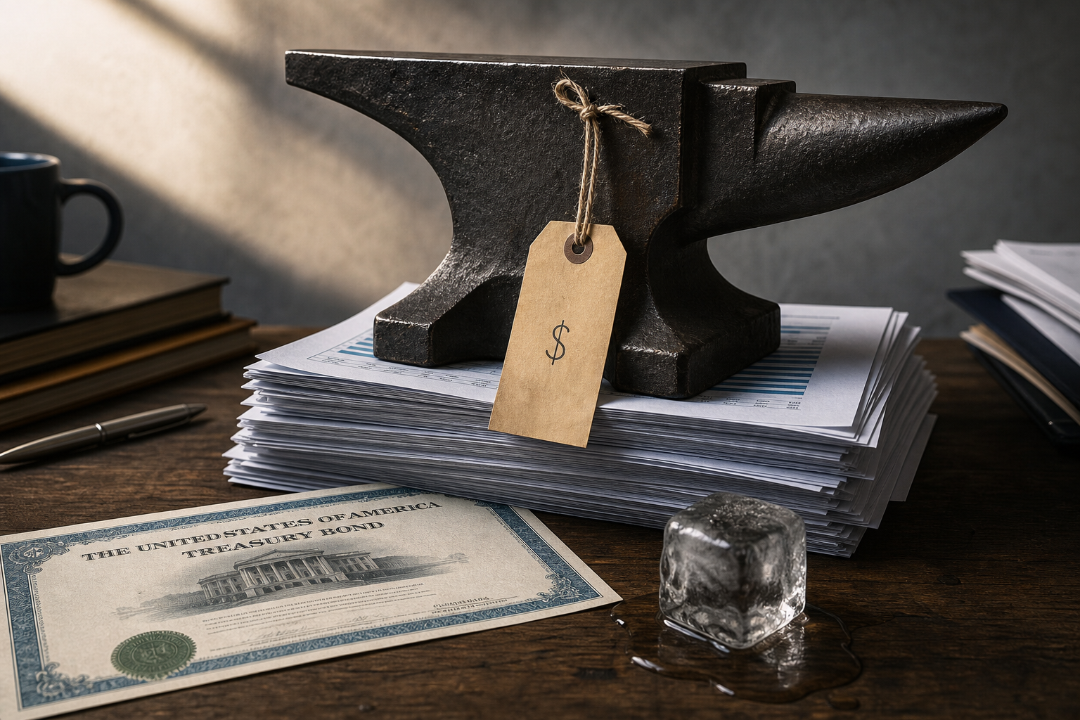 Editorial illustration: A photorealistic still-life of a paper price tag dangling from a heavy steel anvil balanced on a stack of financial repo