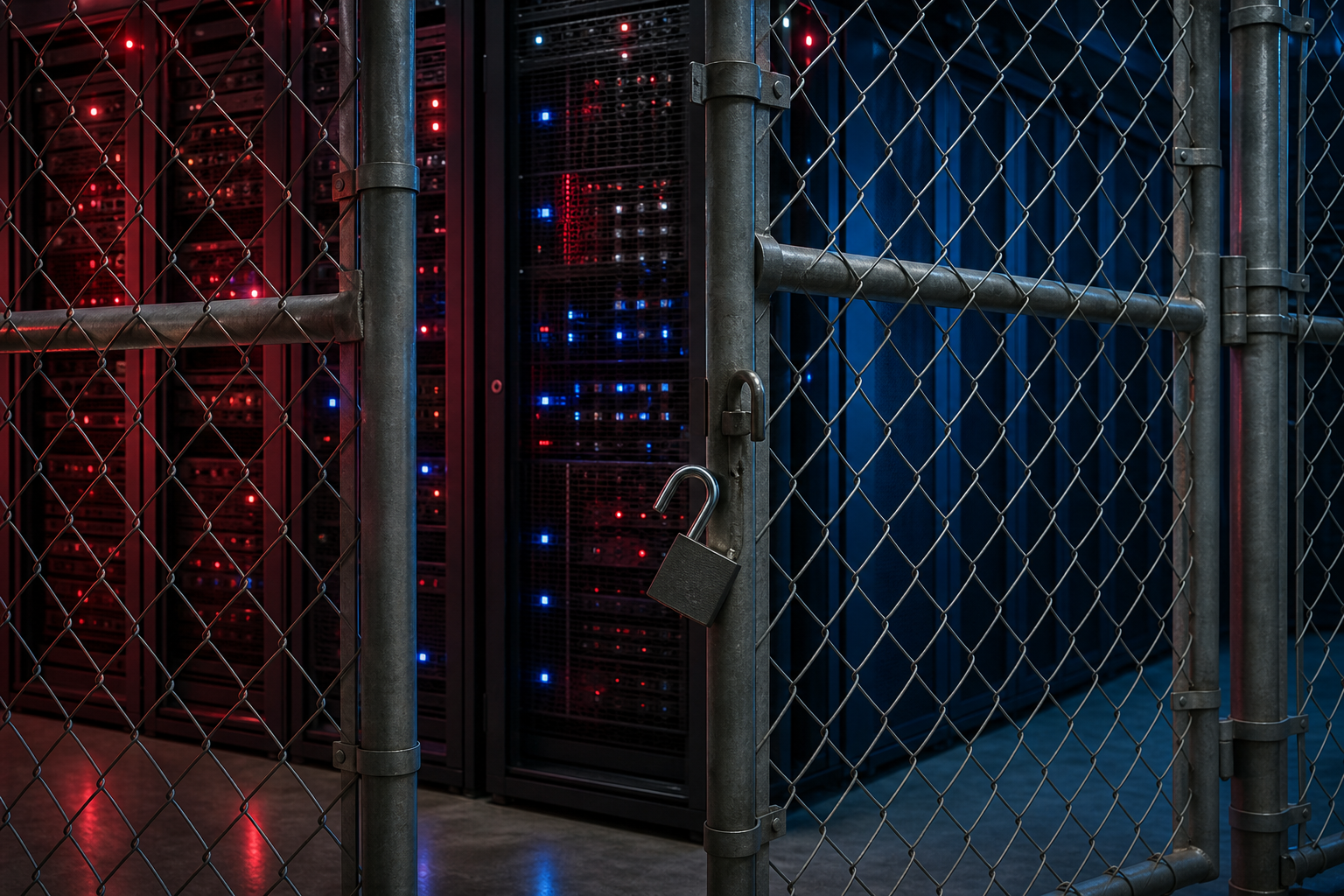 Editorial illustration: A photorealistic close-up of a high-end server rack behind a chain-link barrier with a single unlocked gate hanging slig