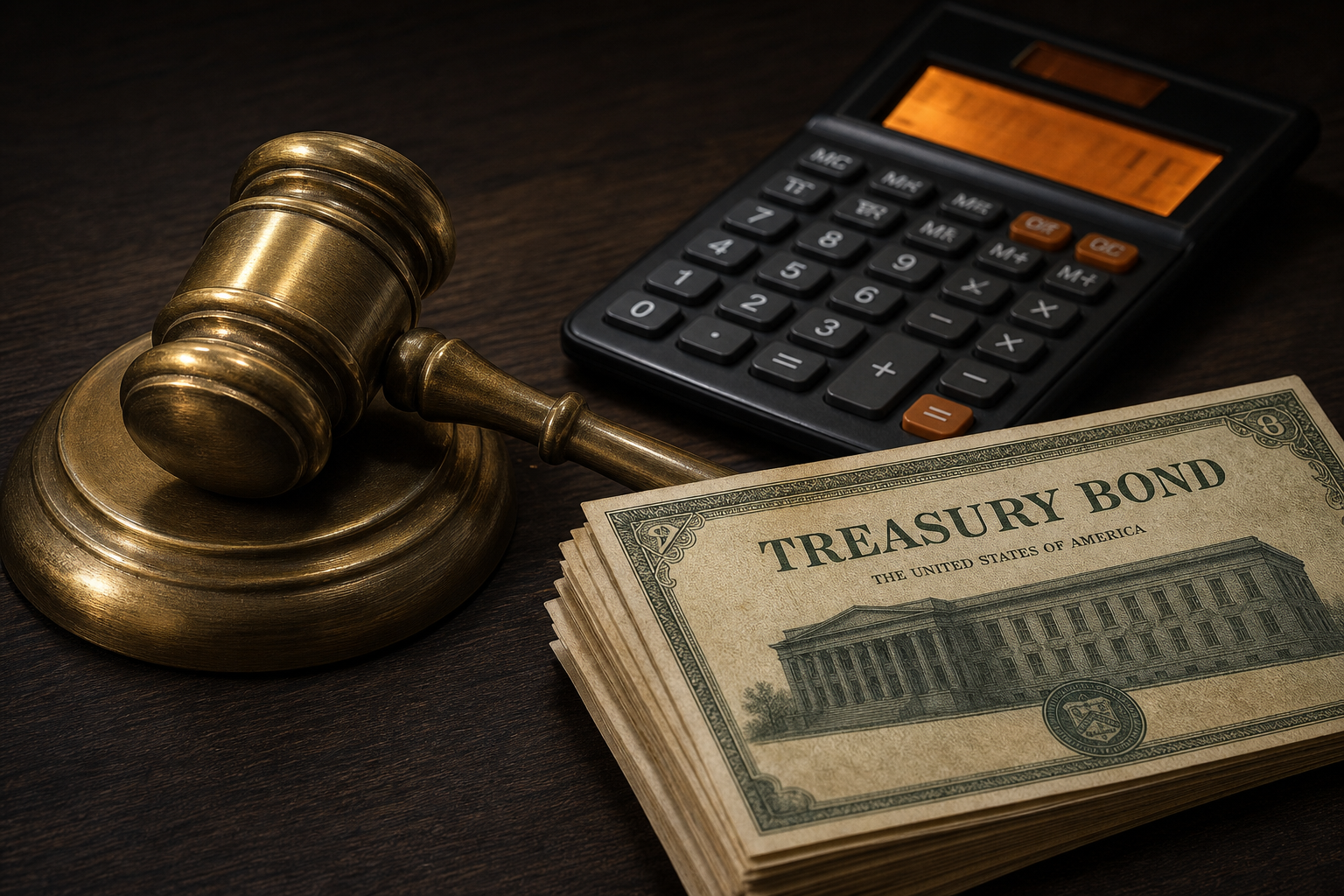 Editorial illustration: A photorealistic close-up of a heavy brass judge’s gavel resting beside a stack of Treasury bond certificates and a glow