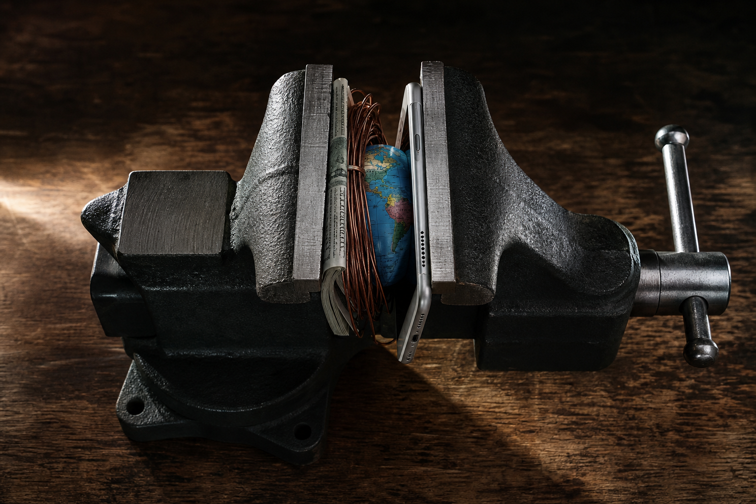 Editorial illustration: A photorealistic still-life of a heavy steel vise slowly tightening around a stack of mixed objects—a U.S. dollar bill,