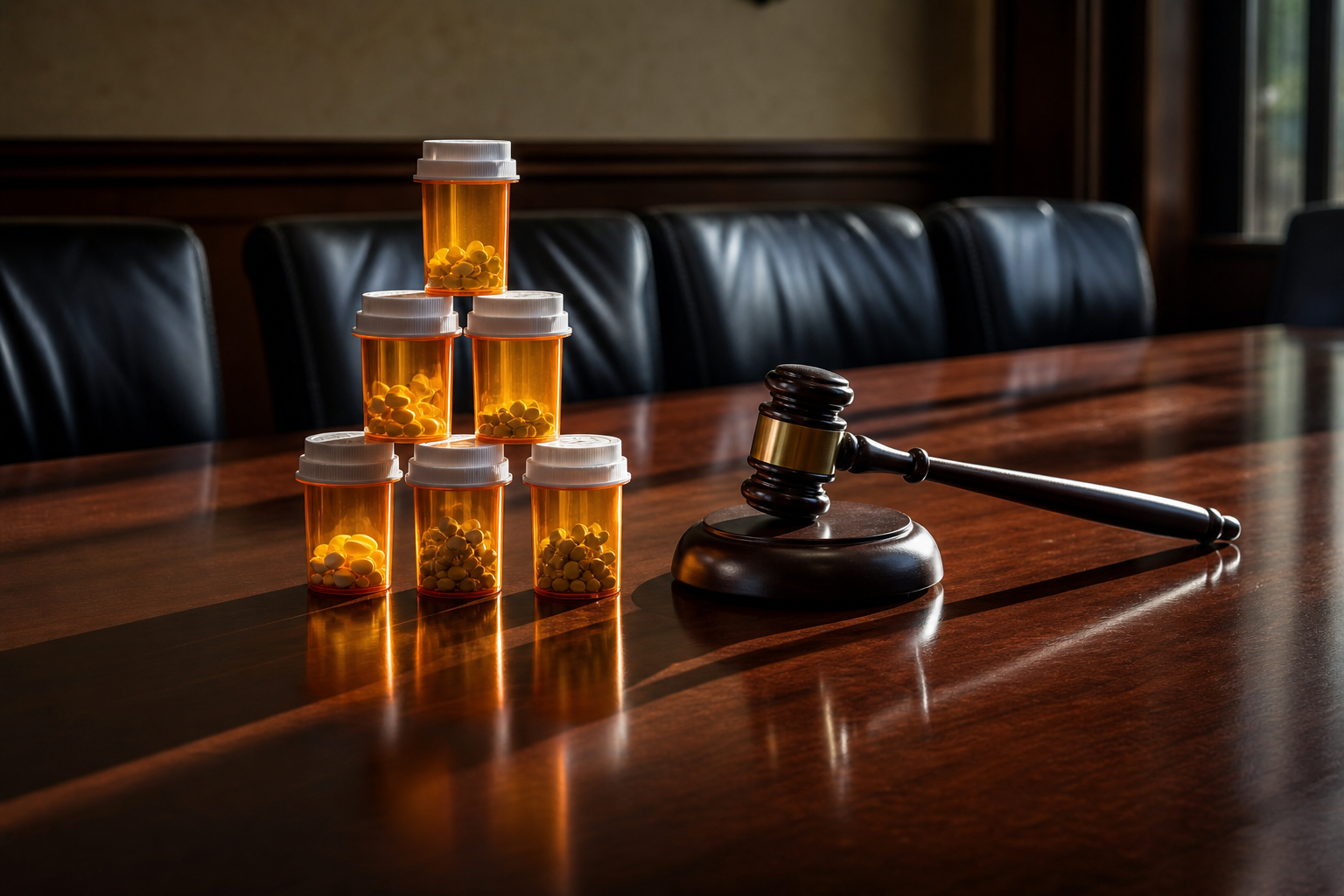 Editorial illustration: a neat stack of orange prescription pill bottles on a polished mahogany boardroom table beside a metal judge’s gavel cas
