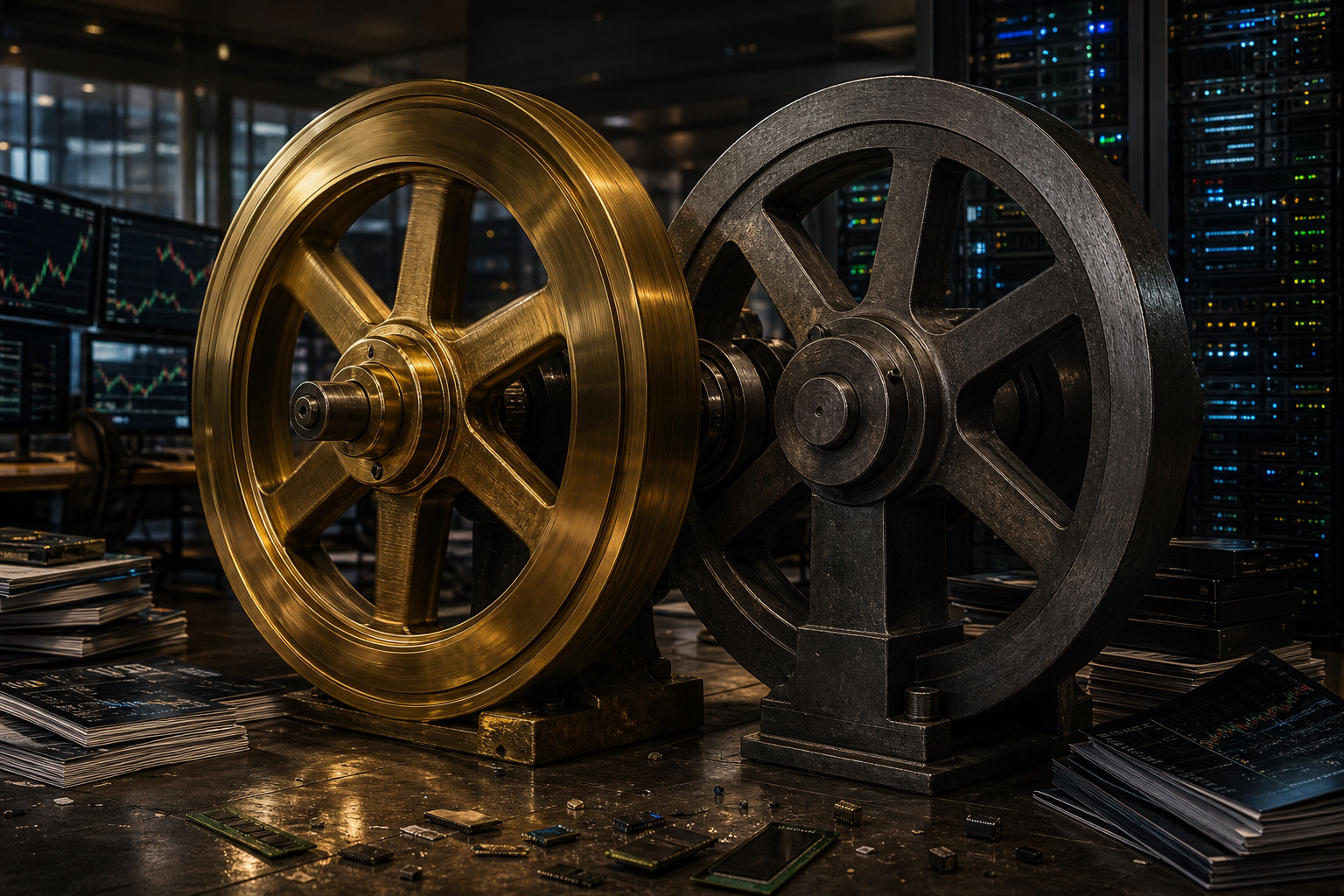 Editorial illustration: A photorealistic editorial still-life of two massive industrial flywheels on a dimly lit trading-desk floor, one polishe