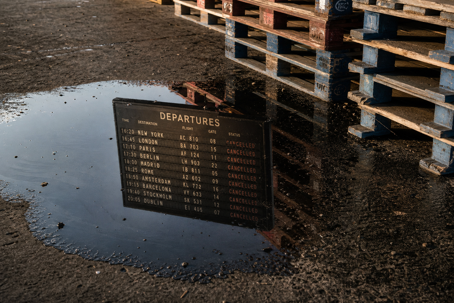 Editorial illustration: a worn airport departure board reflected in a puddle of dark oil on concrete beside a stacked row of shipping pallets, p
