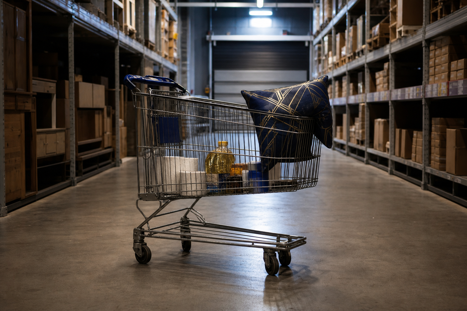 Editorial illustration: A nearly full shopping cart stopped in a dim warehouse aisle with only a few essentials inside and one expensive decorat