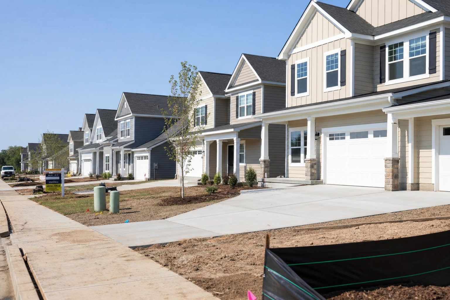 Editorial illustration: A photorealistic Reuters-style daytime photograph of a new single-family housing development under construction in a U.S