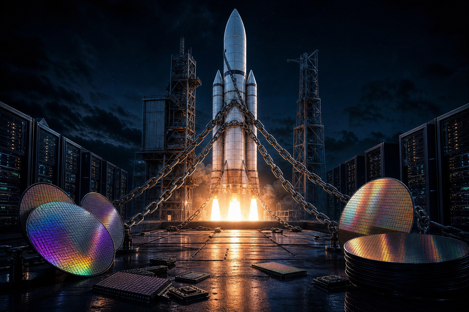Editorial illustration: A photorealistic nighttime still-life of a rocket sitting on a launch pad with engines blazing but held down by thick st