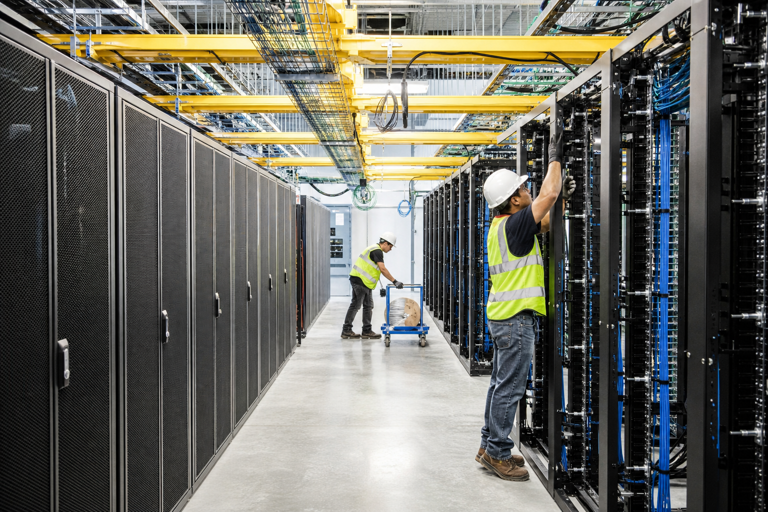 Editorial illustration: A photorealistic Reuters-style business-news photograph of a bright modern data center expansion corridor with rows of n