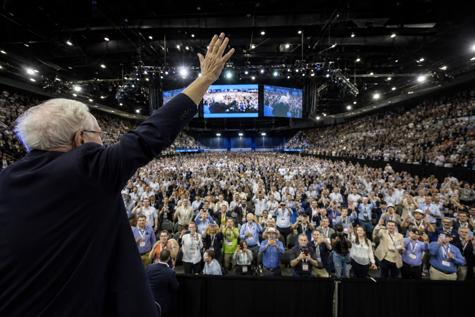 Editorial illustration: A photorealistic Reuters-style business-news photograph inside a bright Omaha annual-meeting venue or Berkshire office s