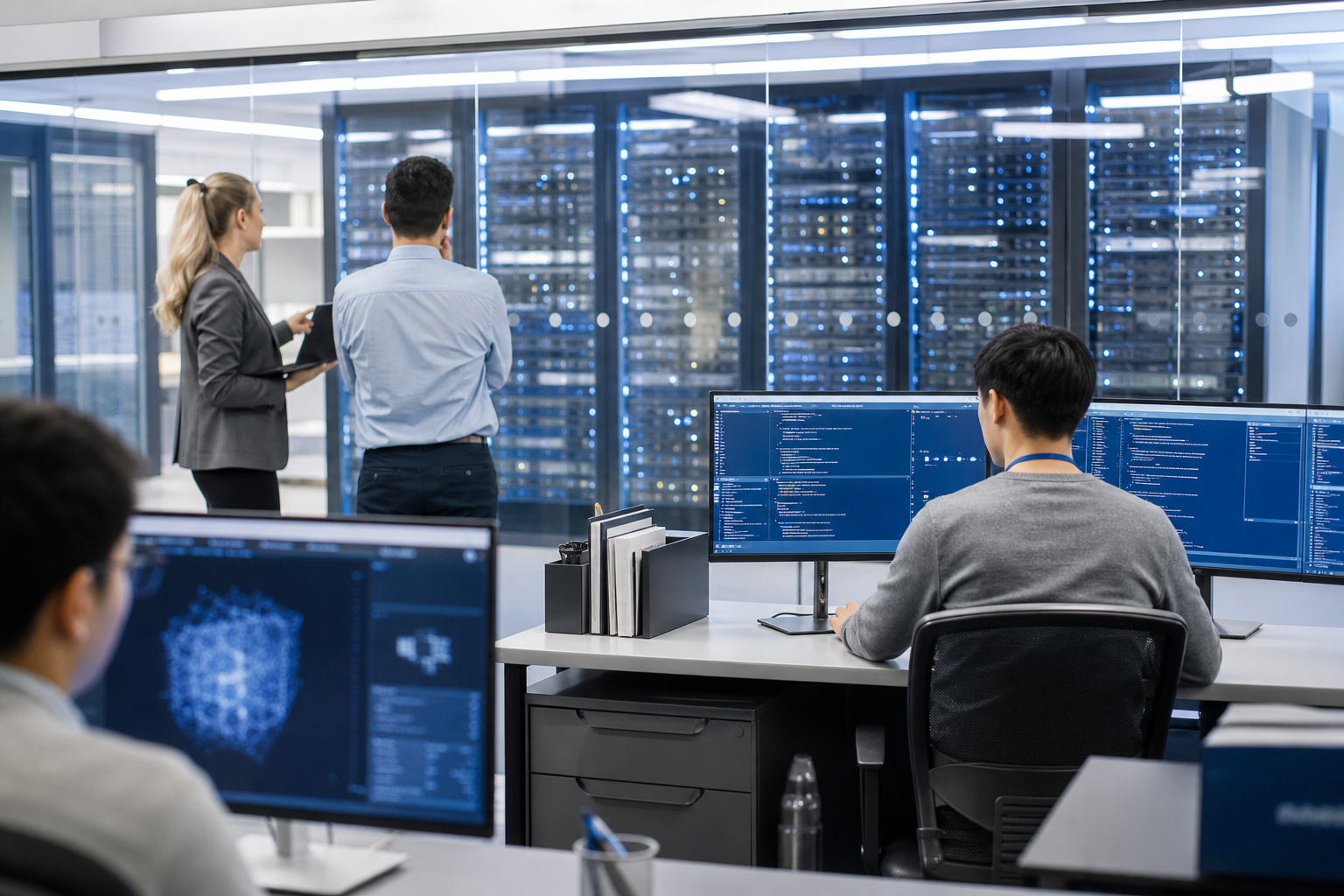 Editorial illustration: A photorealistic wire-service style photograph of a bright modern data-center support environment, with anonymous techni