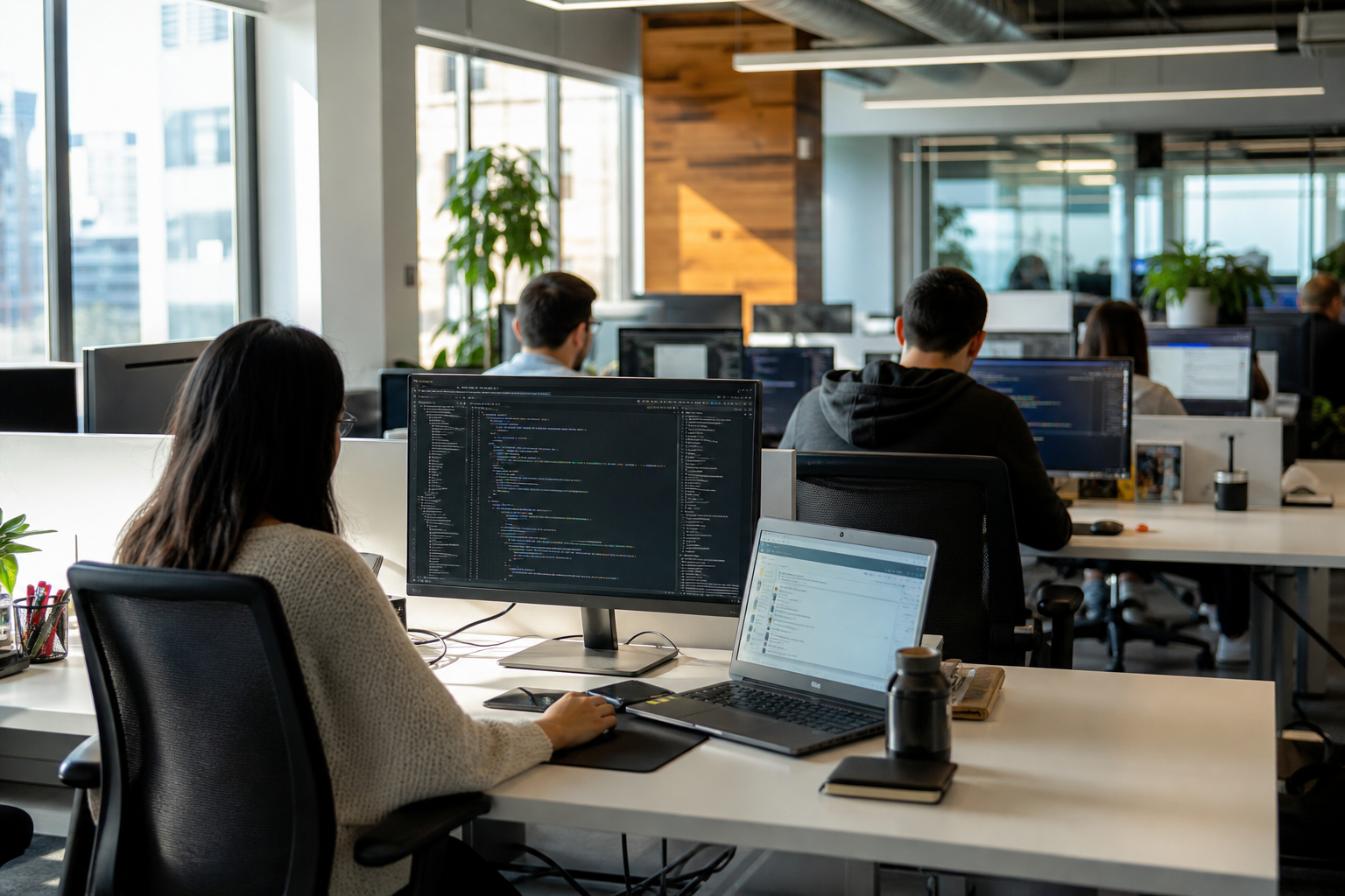 Editorial illustration: Photorealistic business-news photo of a bright modern enterprise software office with anonymous employees seen from behi