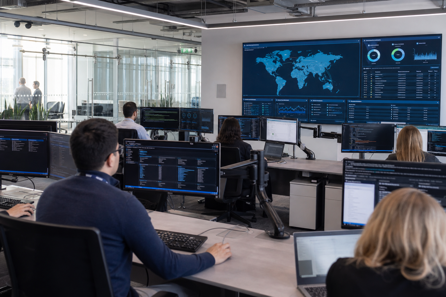 Editorial illustration: A photorealistic business-news photograph of a modern enterprise security operations workspace in bright natural dayligh