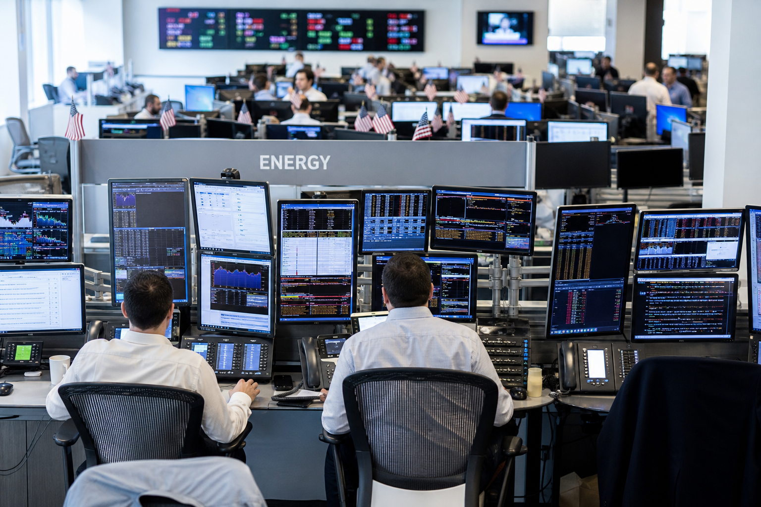 Editorial illustration: A photorealistic business-news scene on a bright trading floor and adjacent energy desk, with anonymous professionals se