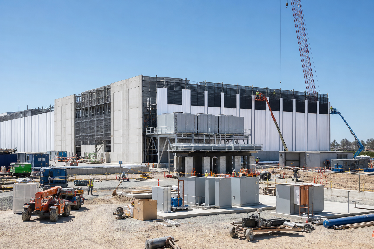 Editorial illustration: A photorealistic business-news photograph of a modern U.S. data-center construction site in bright natural daylight, wit