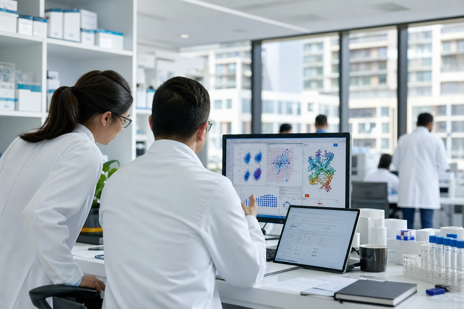 Editorial illustration: A photorealistic business-news photograph inside a bright, modern pharmaceutical research office or lab, with anonymous