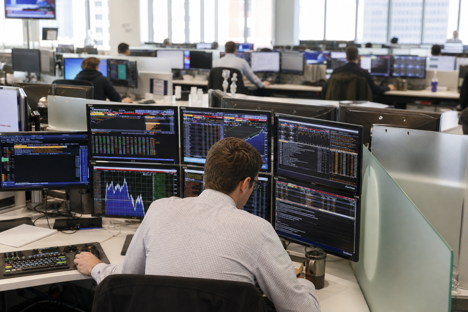 Editorial illustration: A photorealistic business-news scene of anonymous portfolio managers and analysts seen from behind in a bright glass-wal