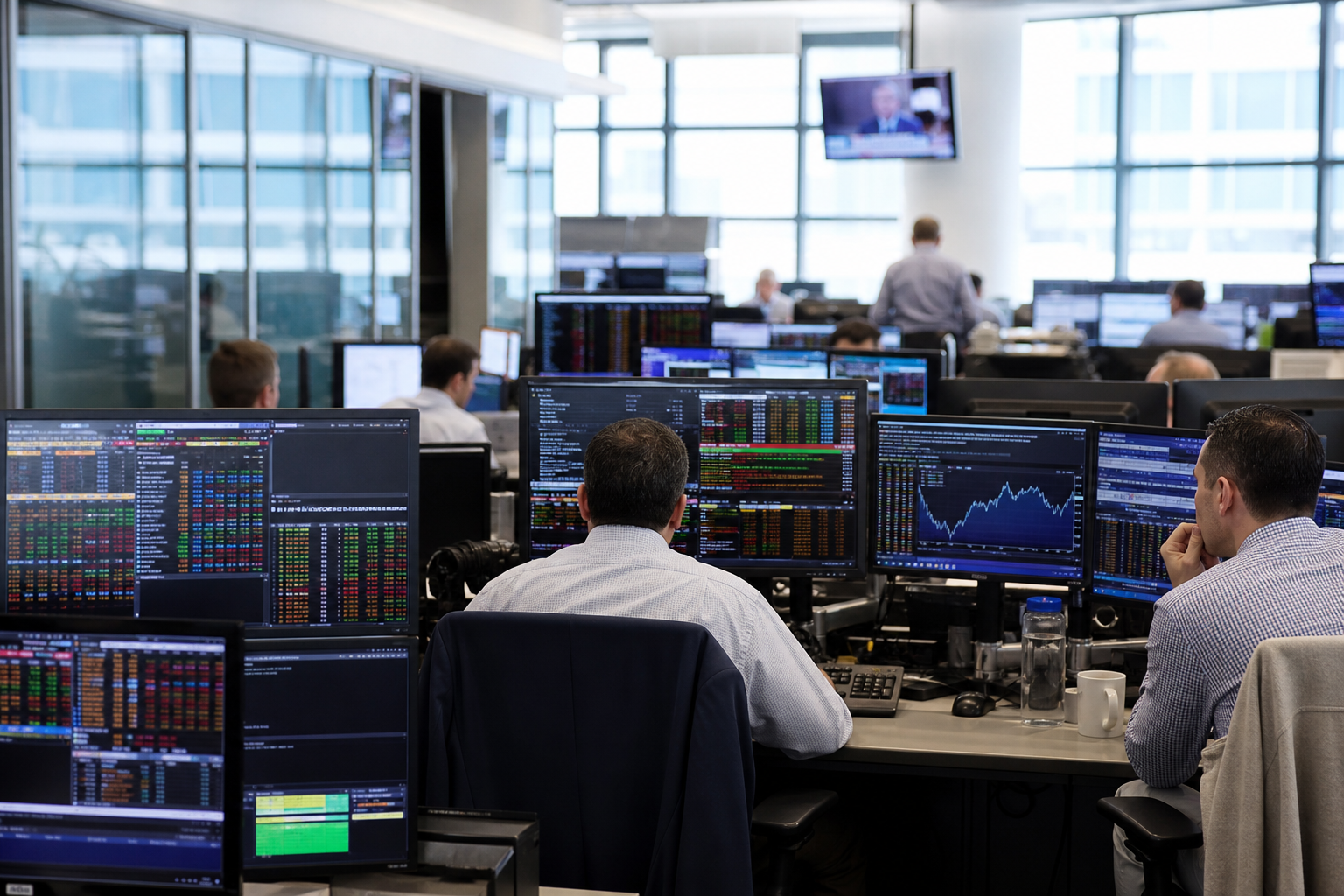 Editorial illustration: Photorealistic Reuters-style business-news photograph of anonymous traders and economists seen from behind in a bright m