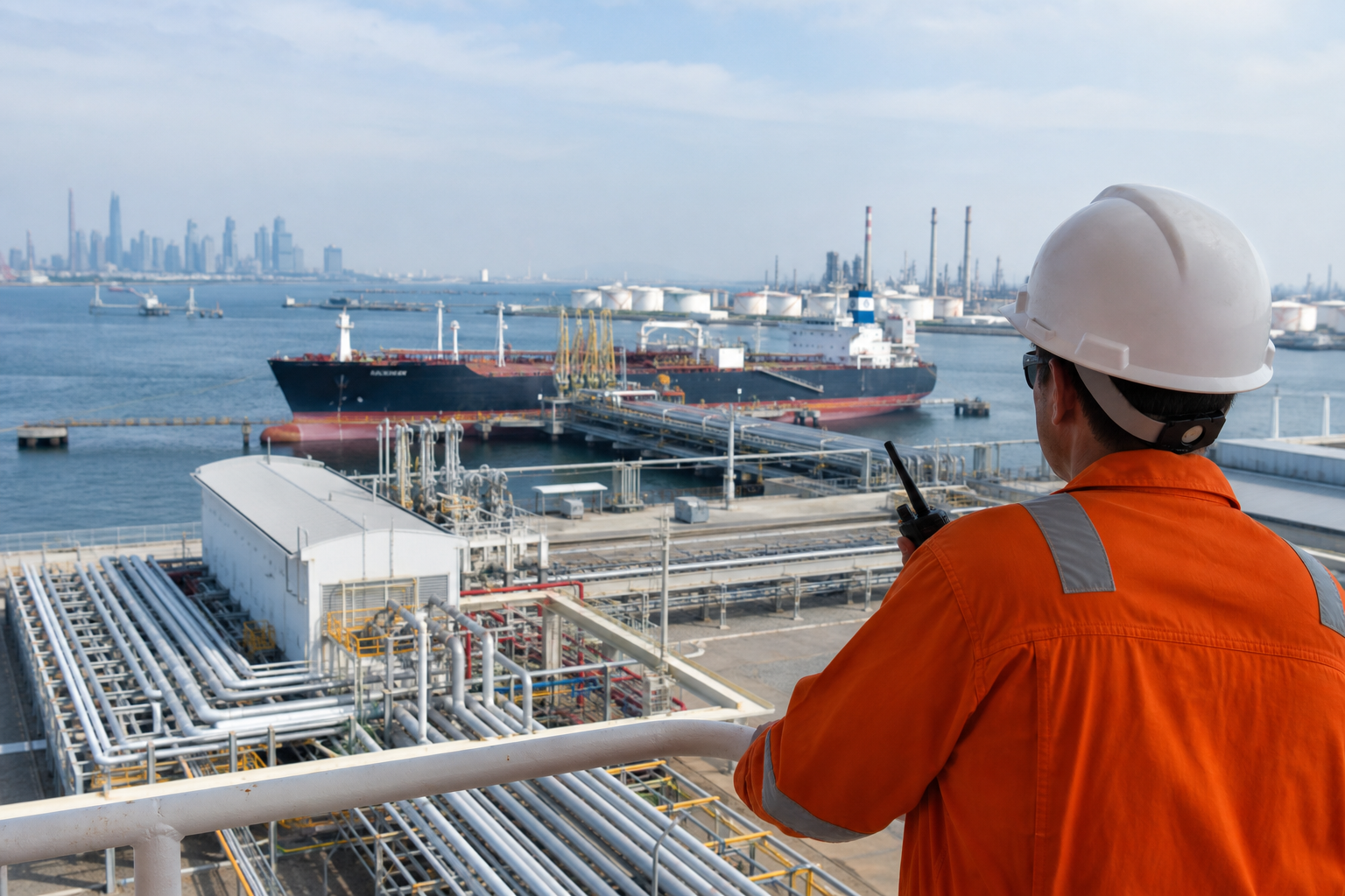 Editorial illustration: A photorealistic business-news photograph of a busy daytime oil logistics scene at a coastal energy terminal, with anony