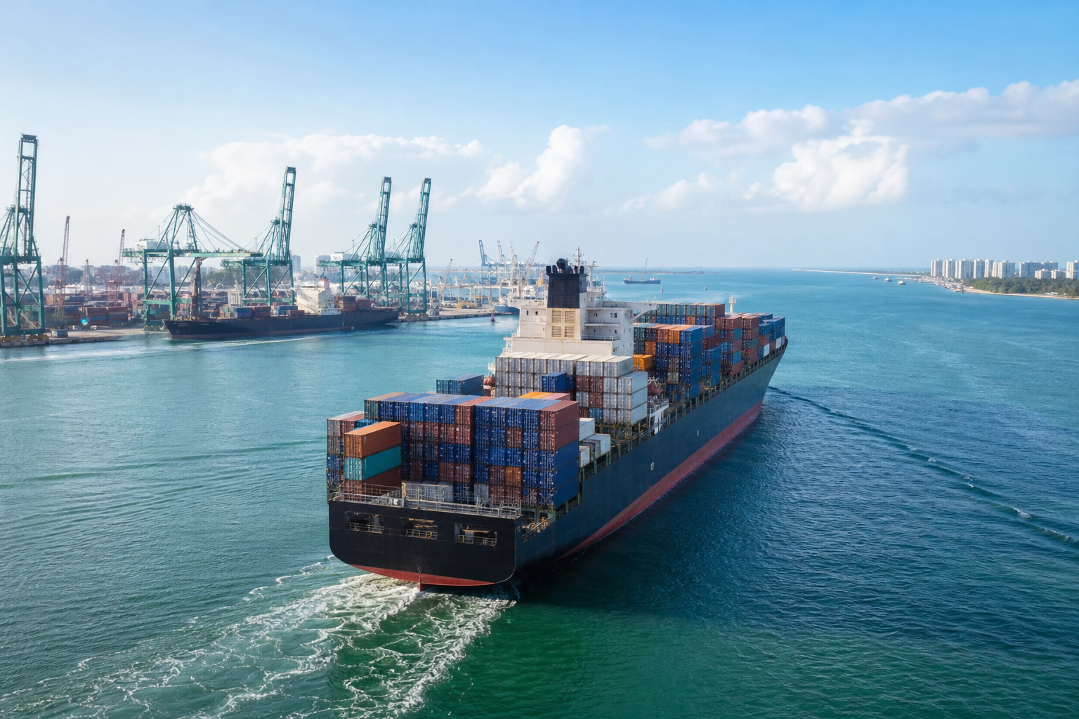 Editorial illustration: A photorealistic Reuters-style daytime photograph of a large commercial container ship transiting a bright maritime chok