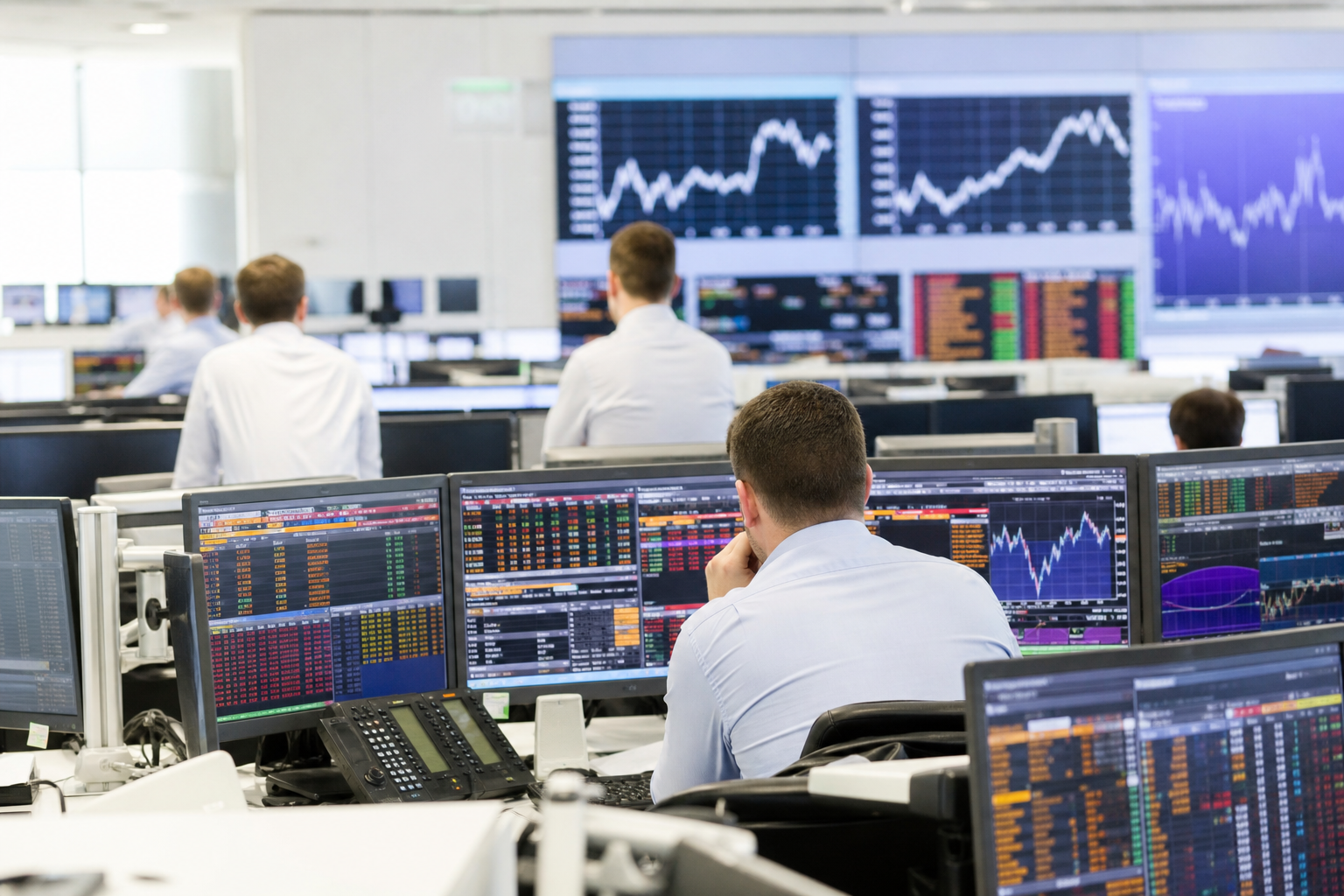 Editorial illustration: A photorealistic Reuters-style daytime business-news photograph of anonymous energy traders and shipping analysts workin