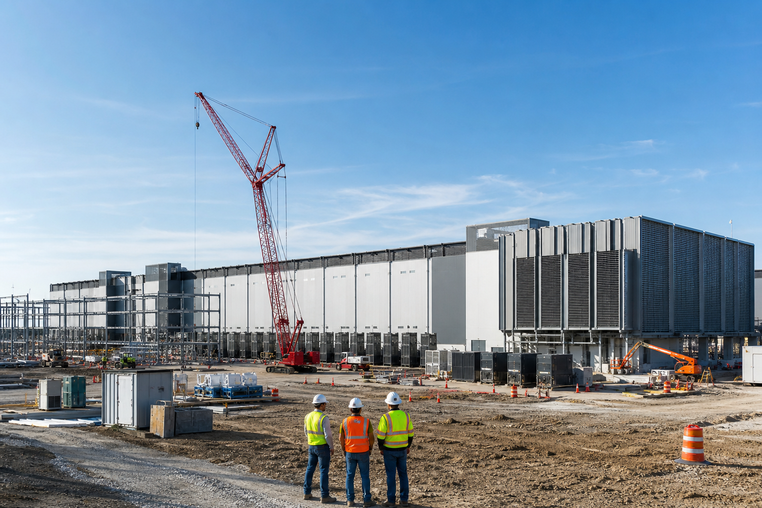 Editorial illustration: A photorealistic business-news photograph of a bright modern data center expansion site with anonymous technicians and c