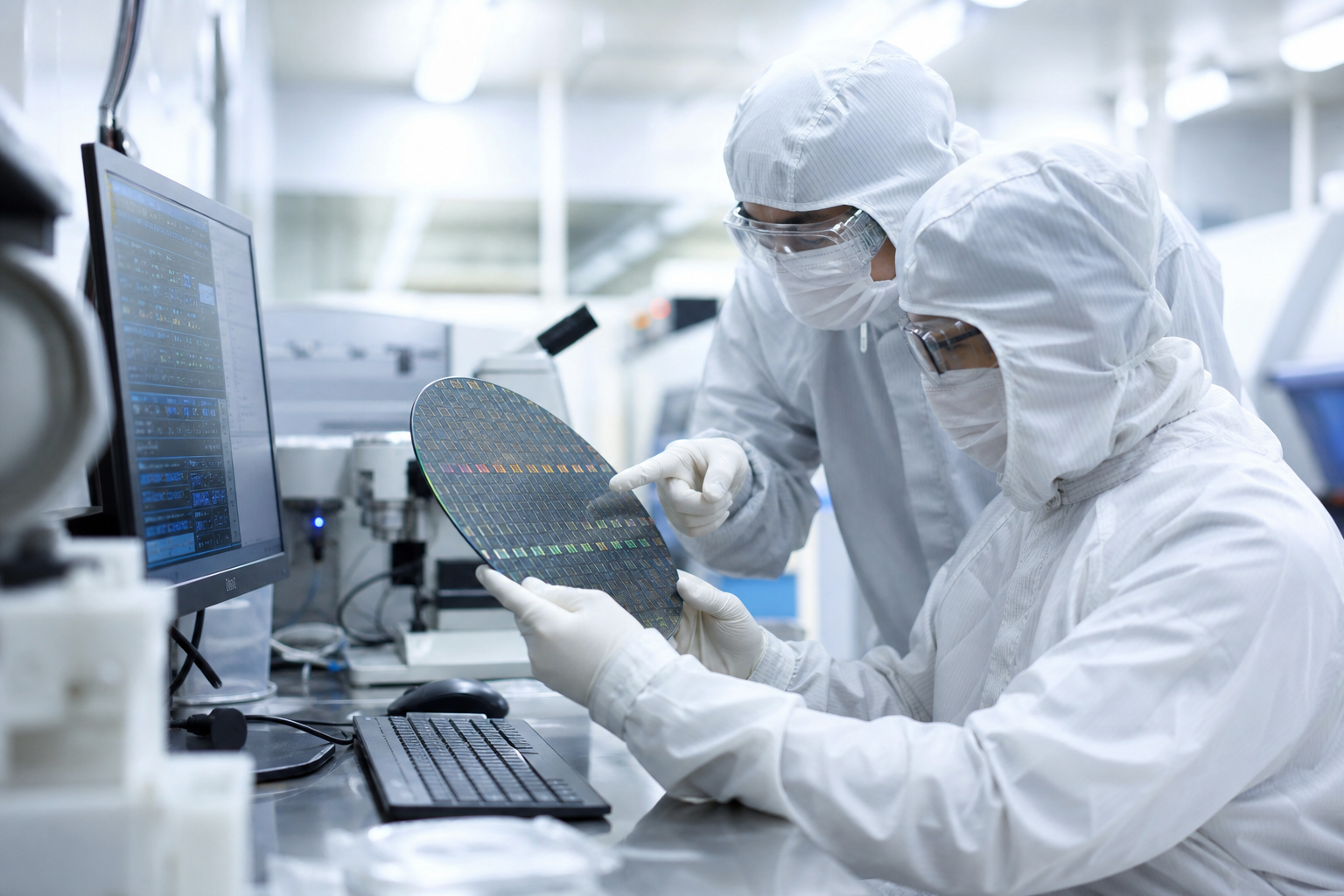 Editorial illustration: A photorealistic business-news photograph of anonymous semiconductor industry professionals seen from behind in a bright