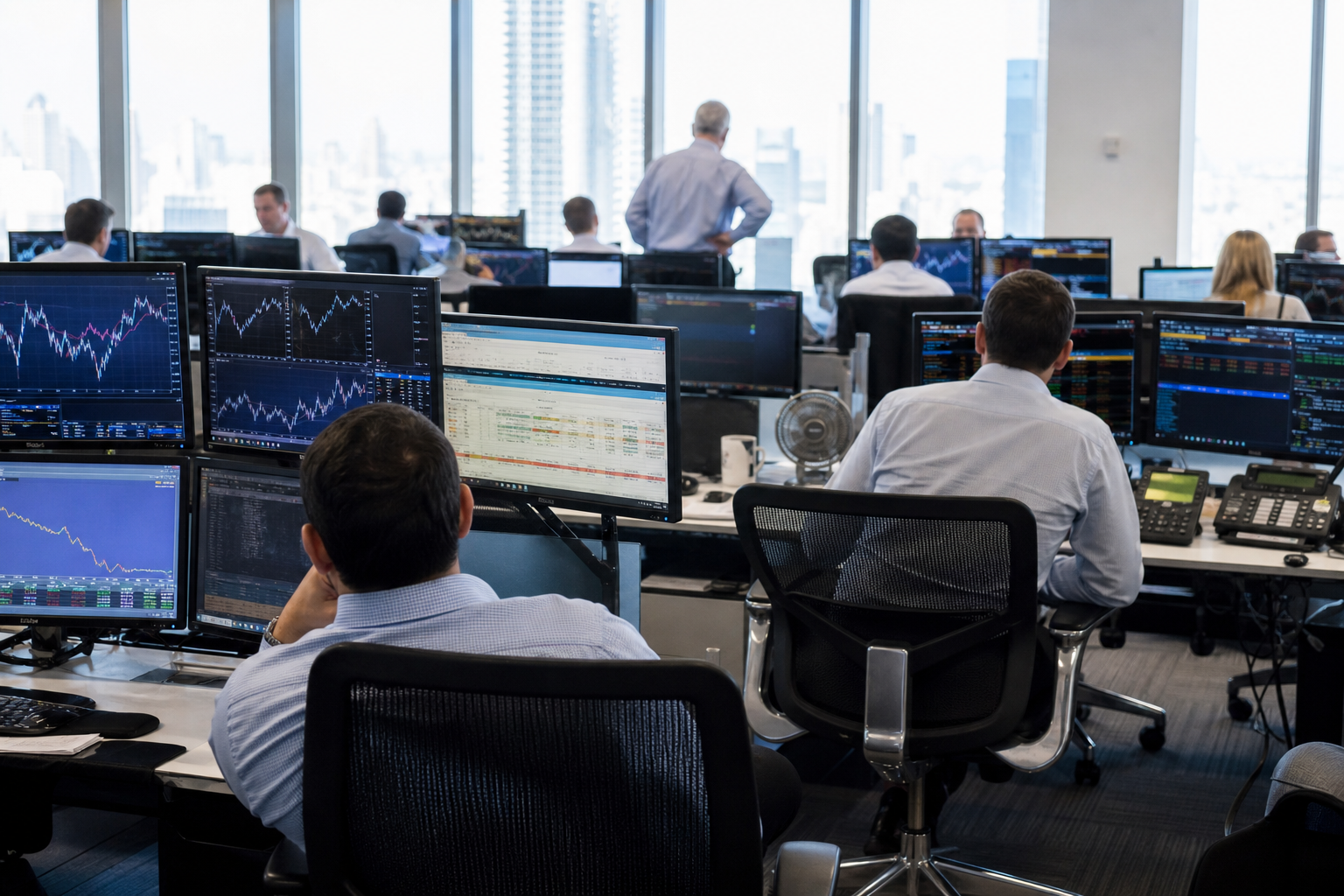 Editorial illustration: A photorealistic business-news photograph of an oil trading desk and energy market operations floor in bright daylight,