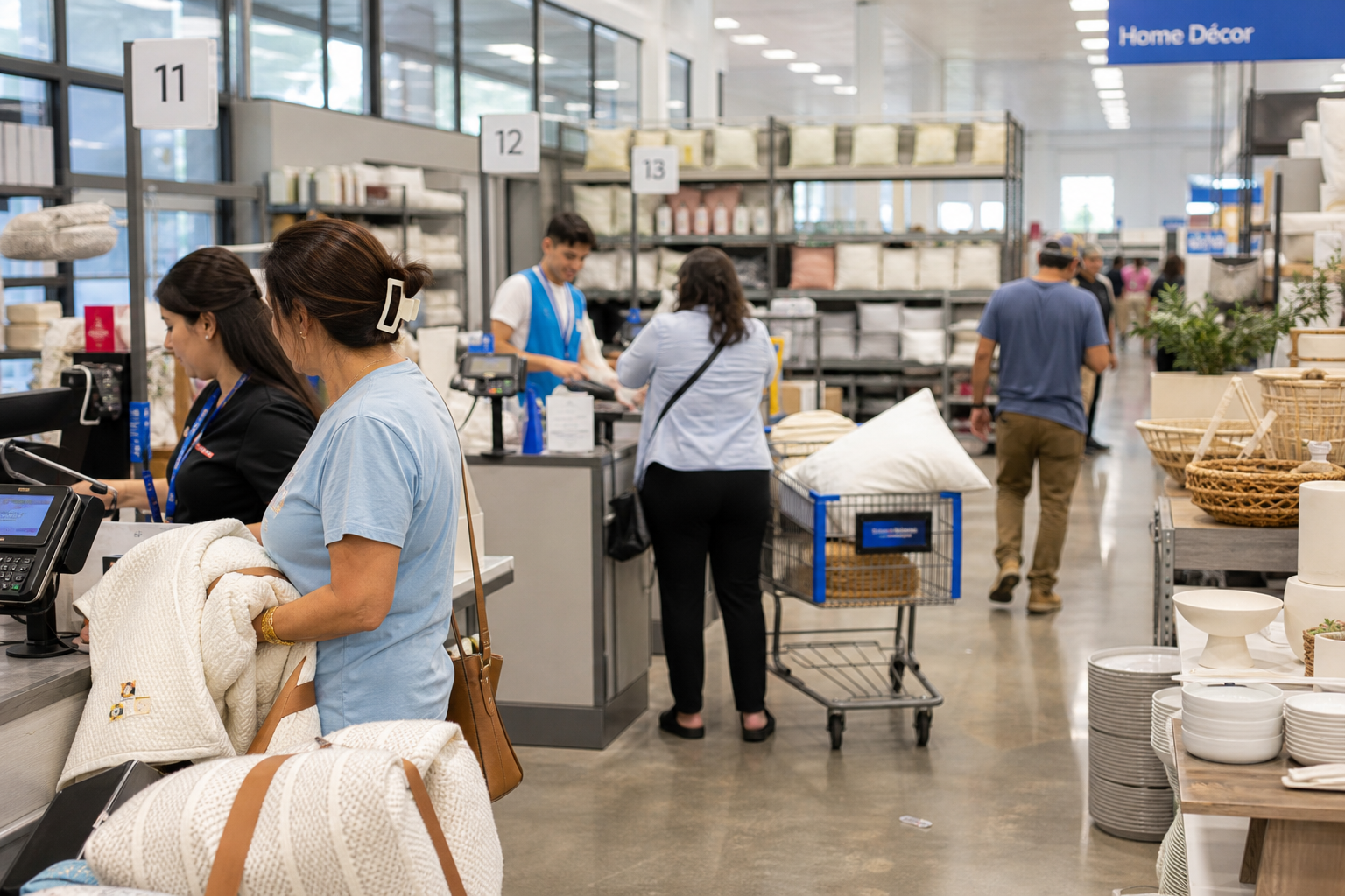 Editorial illustration: A photorealistic business-news photograph of anonymous shoppers and store staff moving through a bright modern big-box r