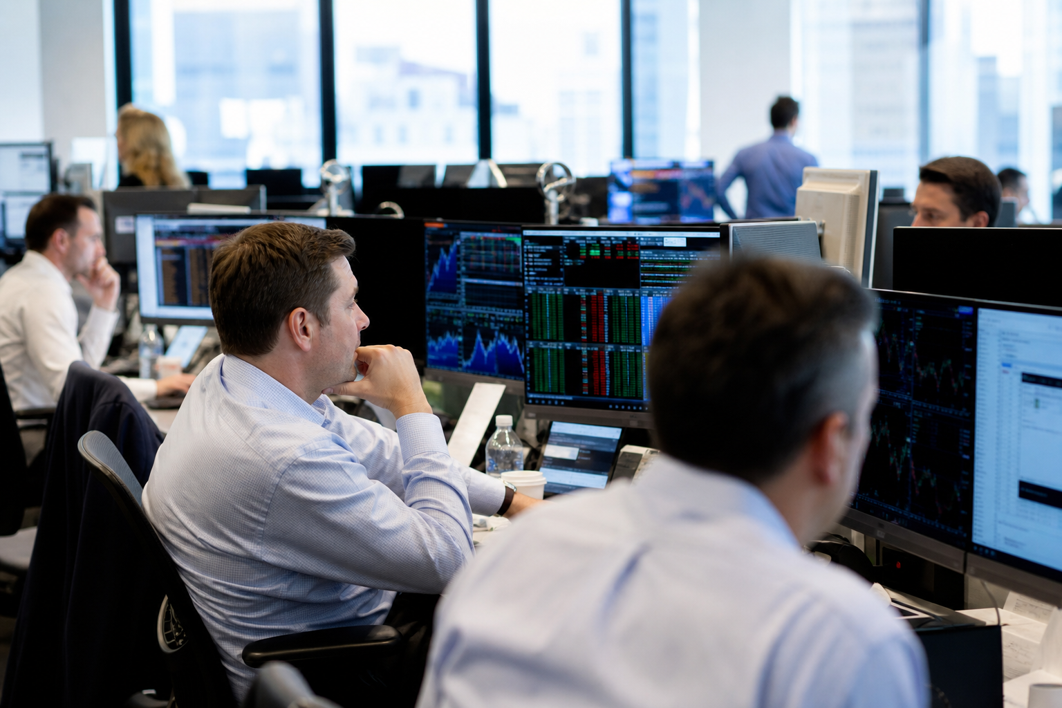 Editorial illustration: A photorealistic Reuters-style scene on a U.S. trading floor during bright daytime, with anonymous traders and strategis