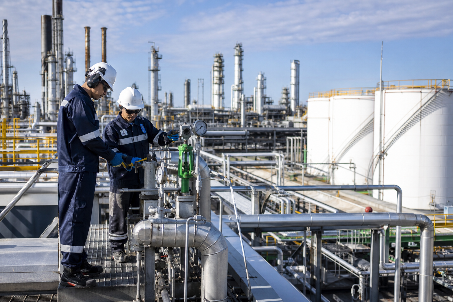 Editorial illustration: A photorealistic wire-service style photograph of an oil refinery and fuel storage complex in bright natural daylight, w