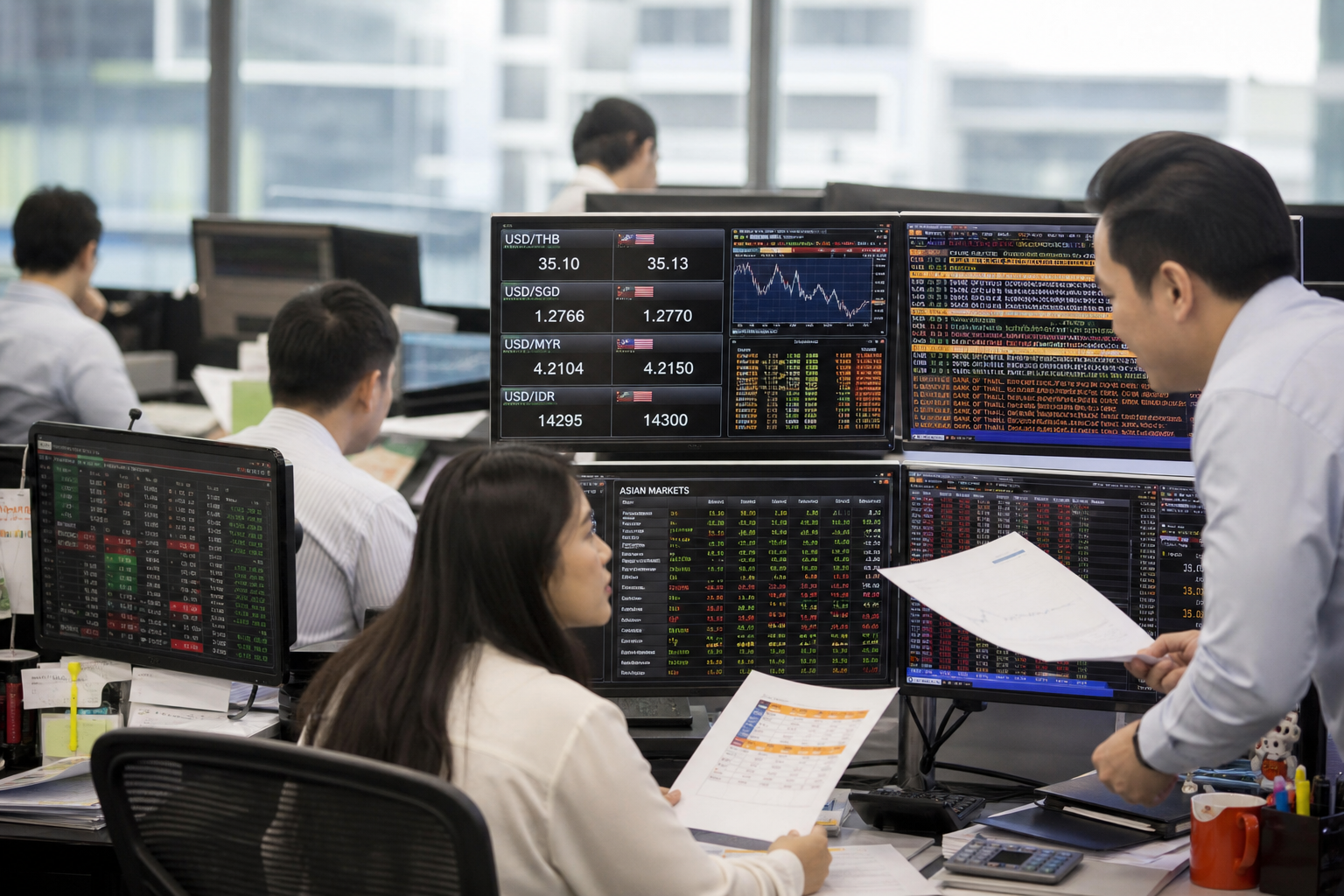 Editorial illustration: A photorealistic Reuters-style business-news photograph of an equity trading desk during bright daytime hours, with mult