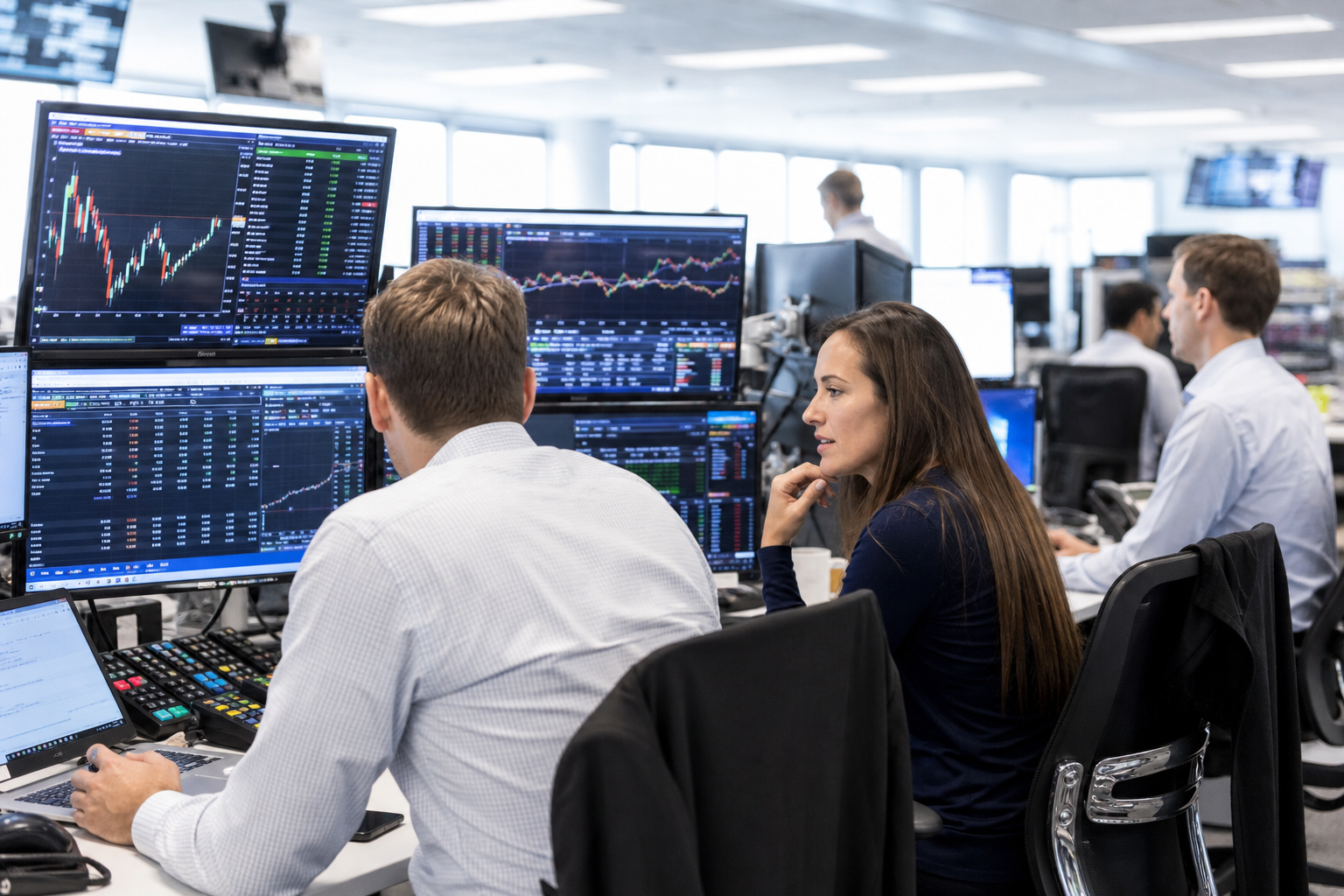 Editorial illustration: A photorealistic business-news photograph of an institutional FX and macro trading desk during bright morning market hou