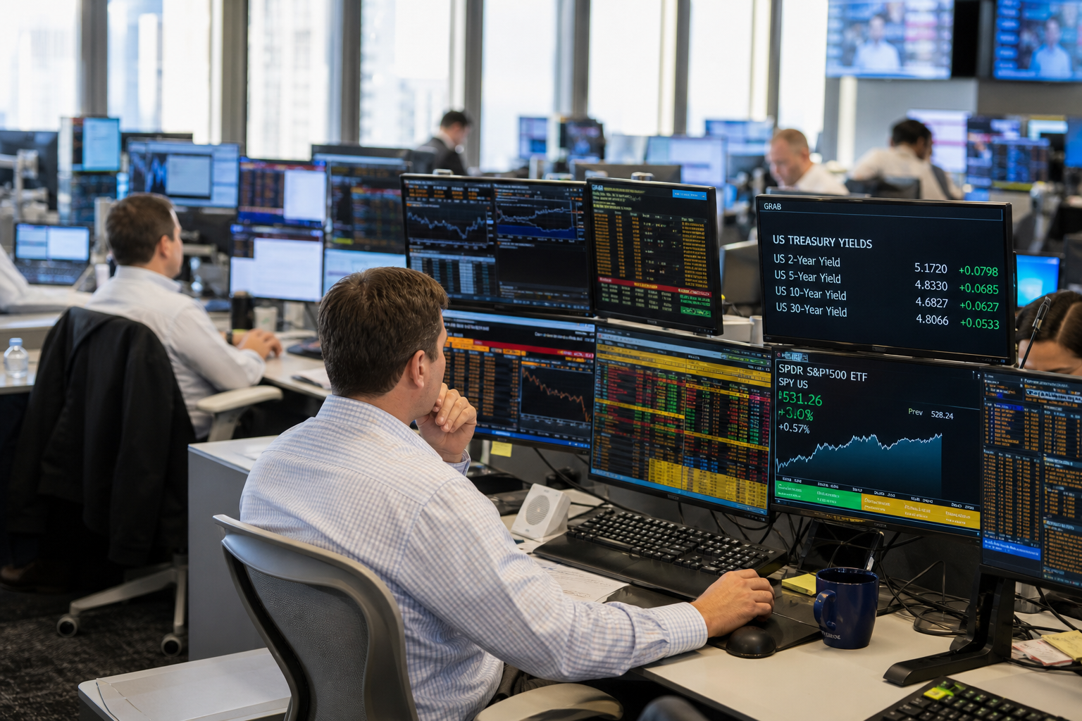 Editorial illustration: PRIMARY SUBJECT — this editorial photo illustrates a story about State Street SPDR S&P 500 ETF, a Asset Management compa